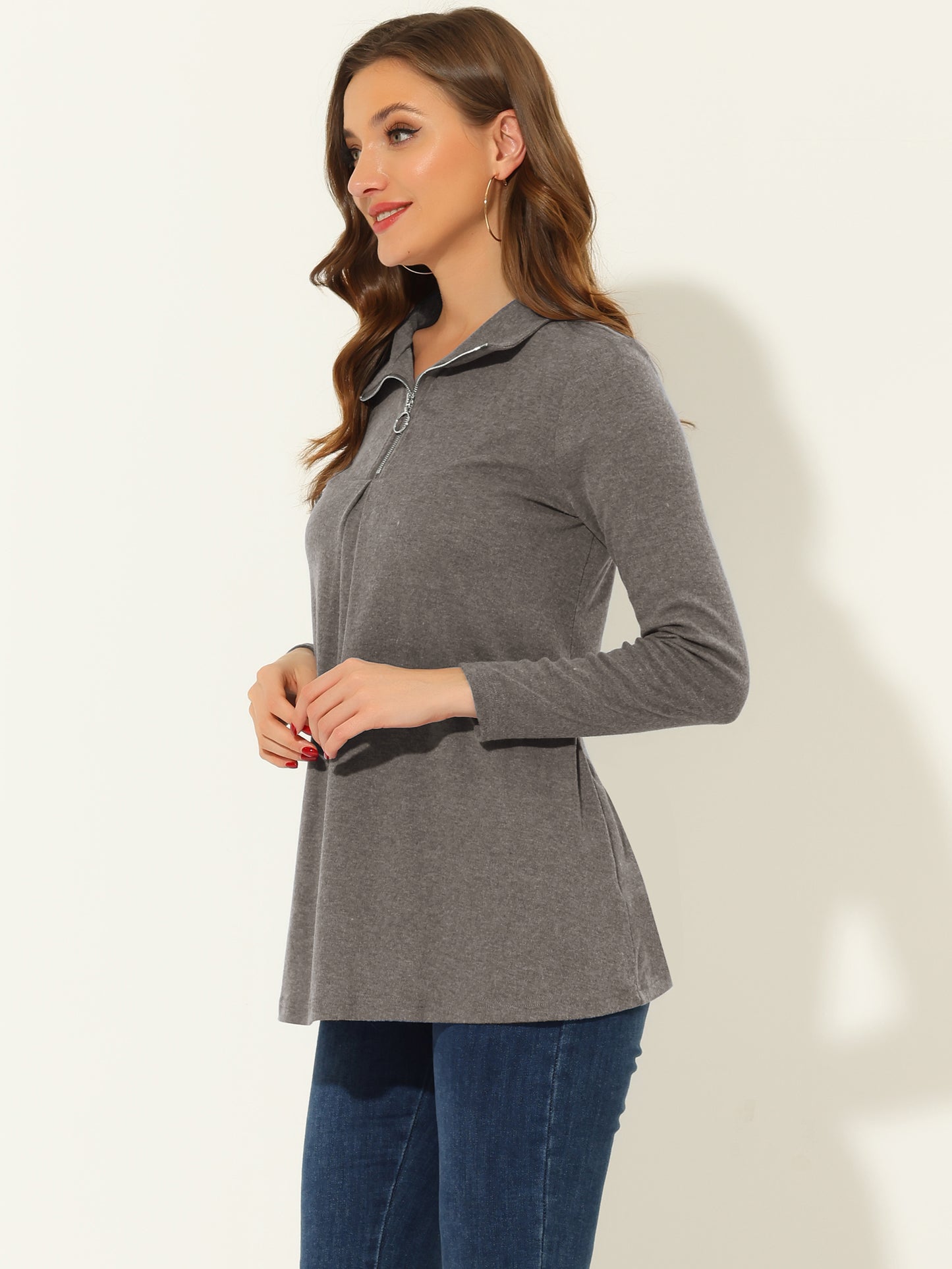 Women's Swing Blouse Mock Neck Long Sleeve Zip Up Tunic Top