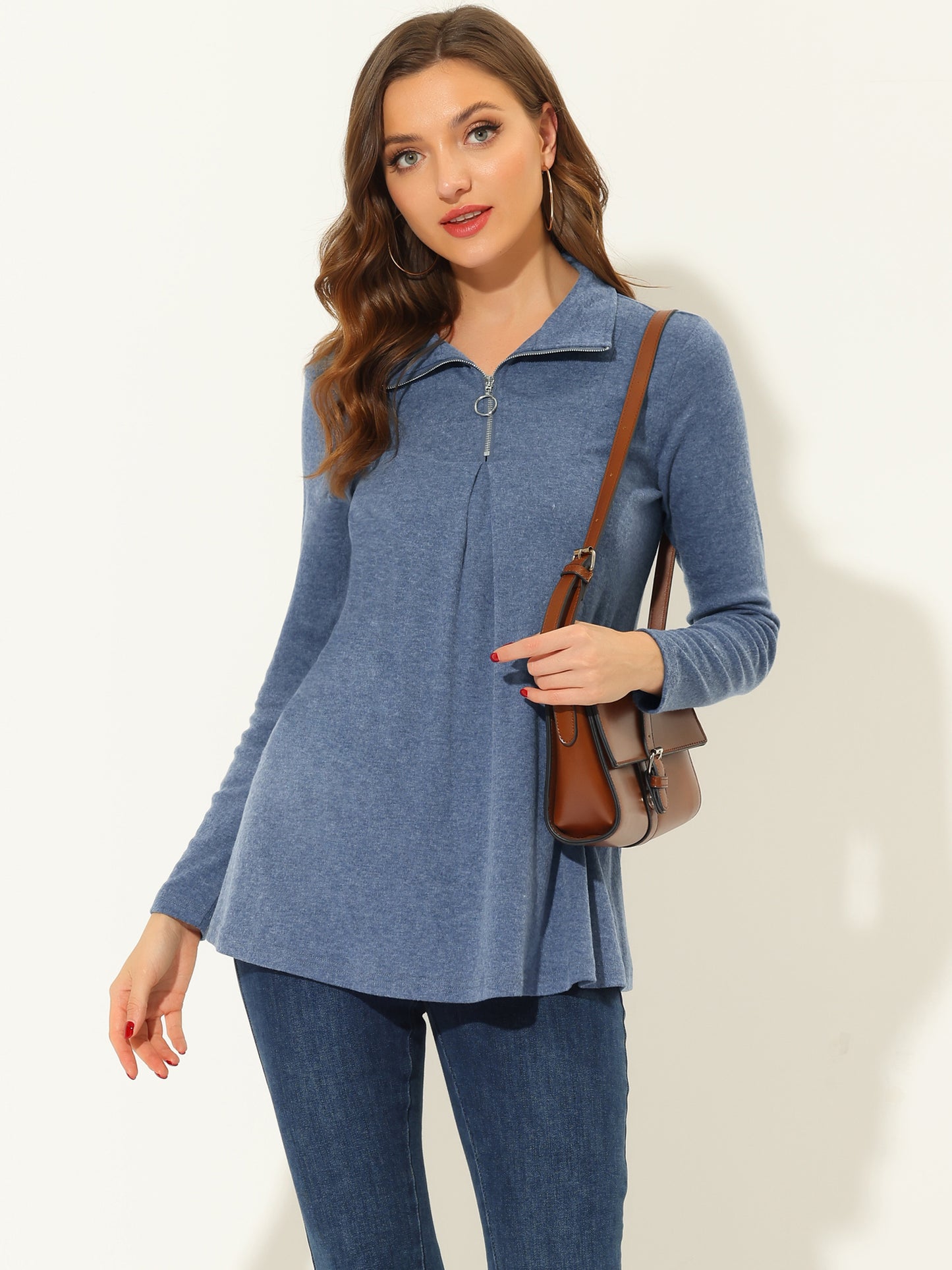 Women's Swing Blouse Mock Neck Long Sleeve Zip Up Tunic Top