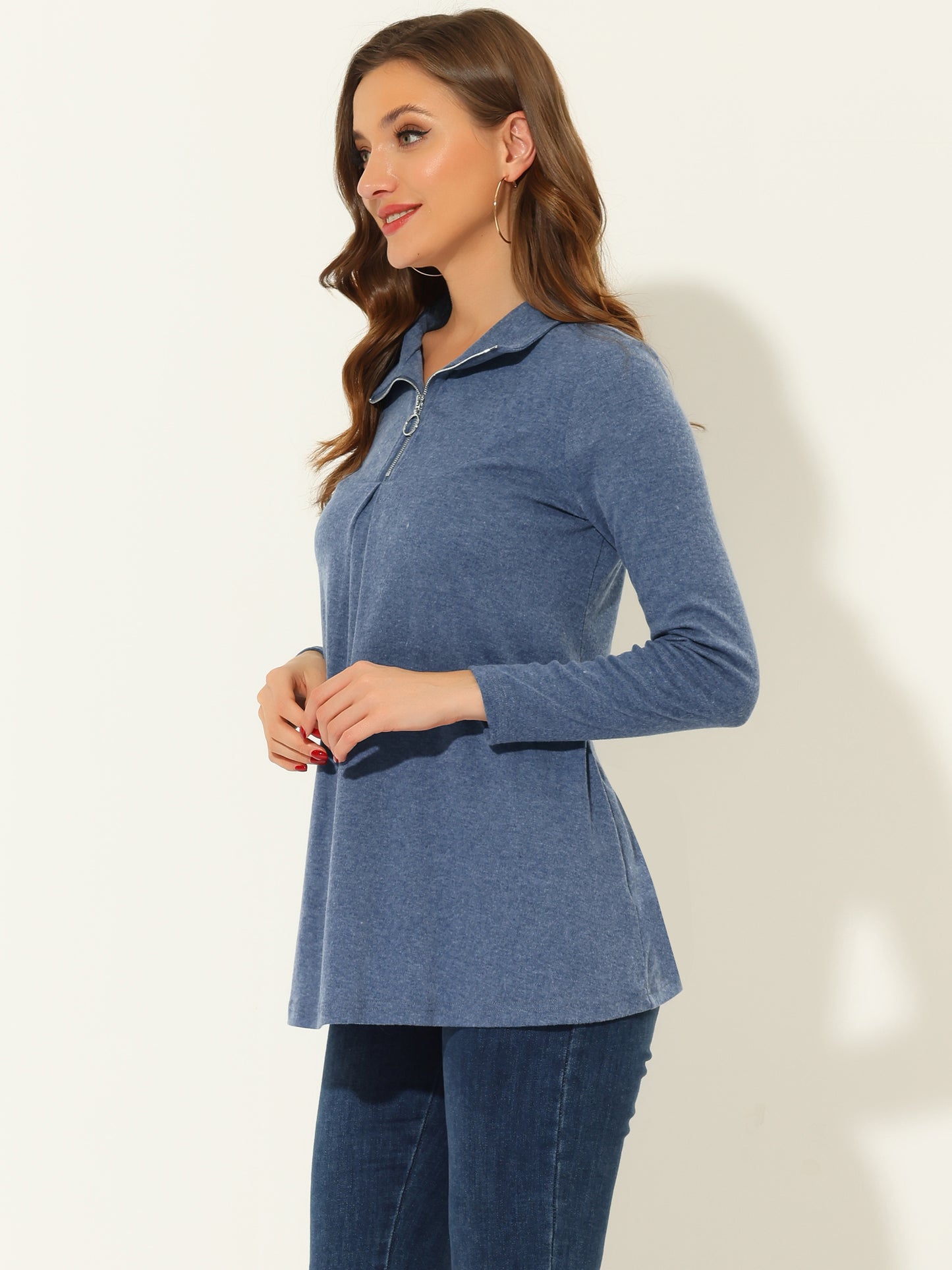 Women's Swing Blouse Mock Neck Long Sleeve Zip Up Tunic Top