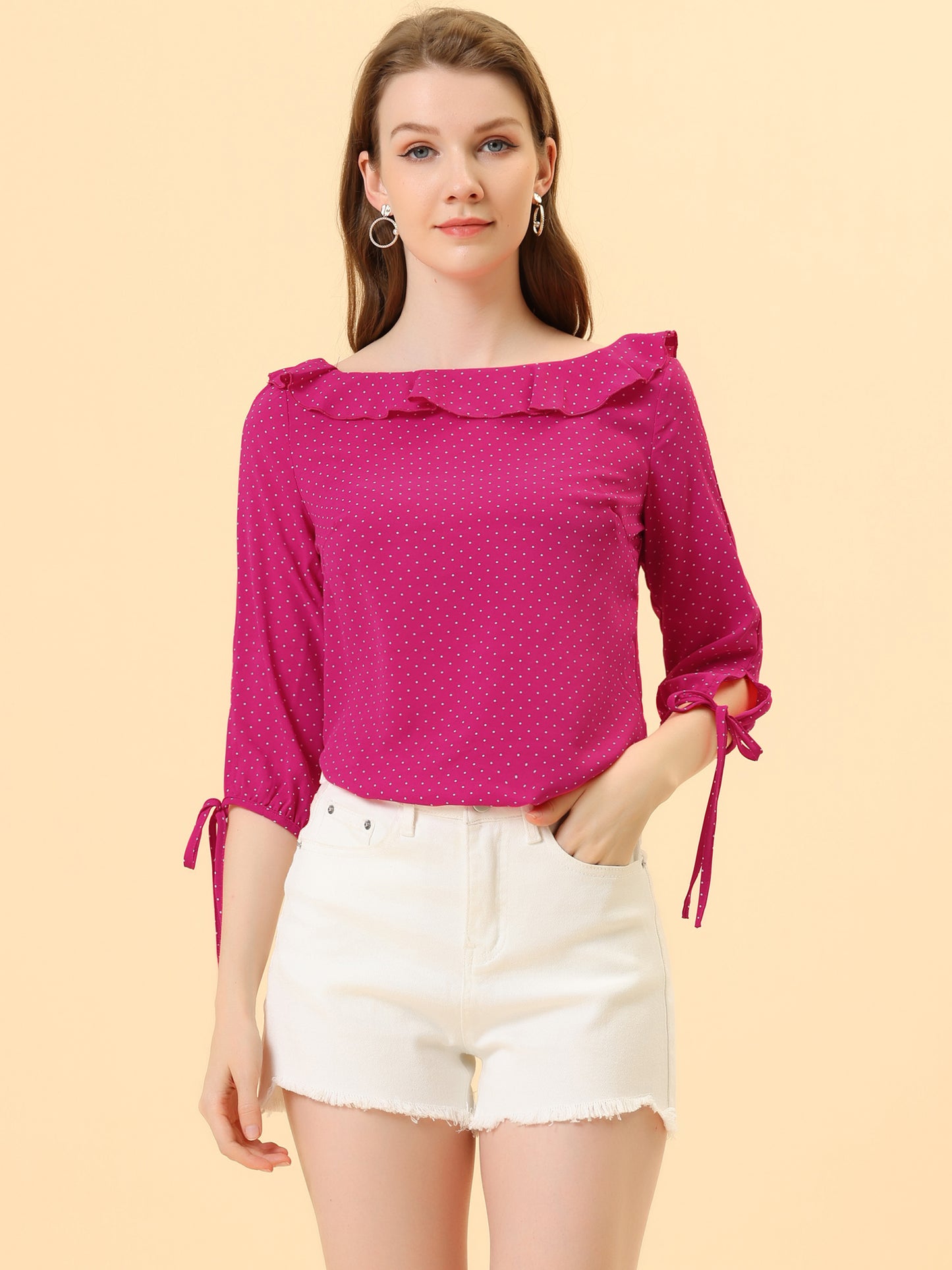 Women's Ruffled Collar Polka Dots 3/4 Sleeve Blouse