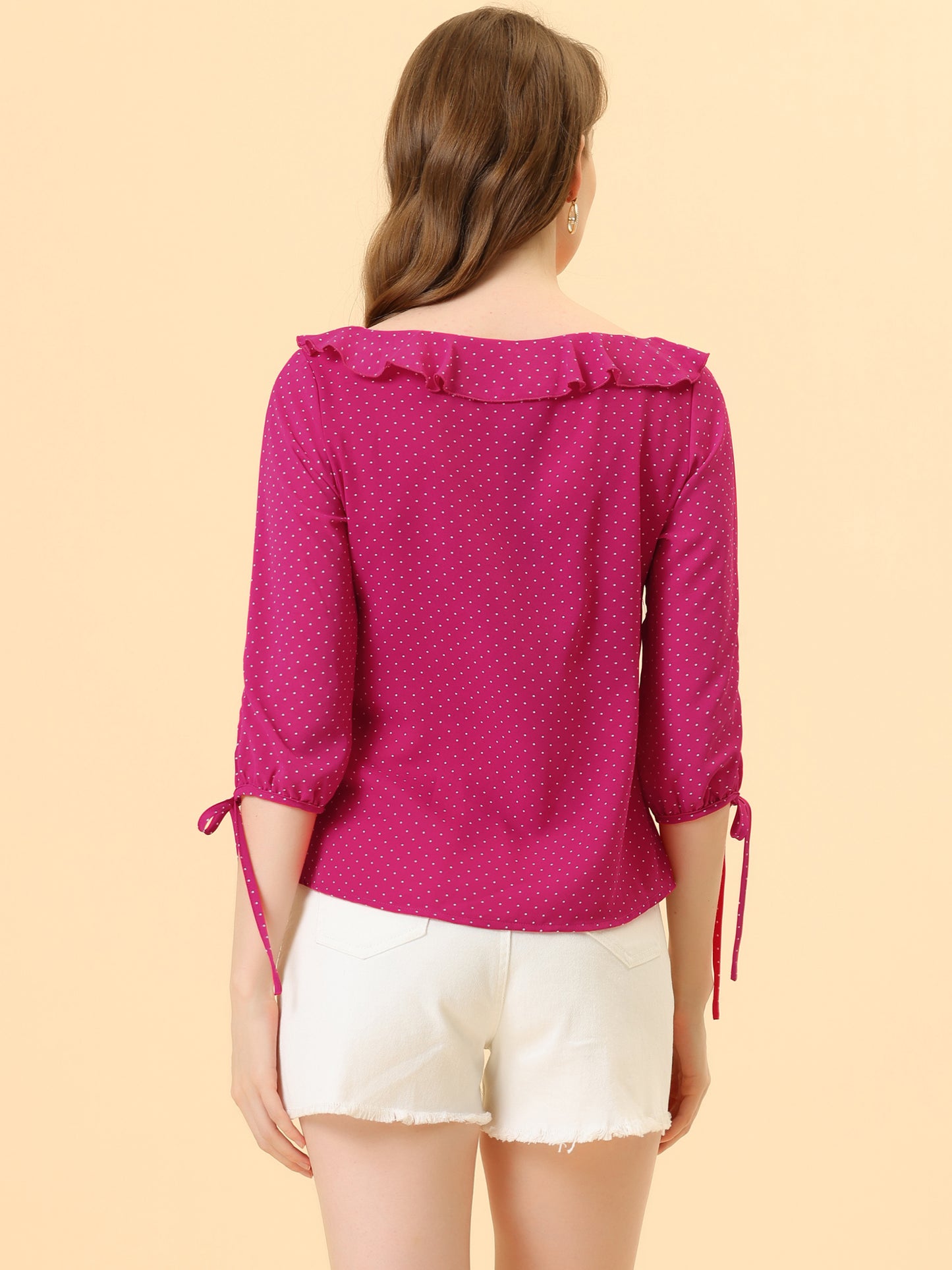 Women's Ruffled Collar Polka Dots 3/4 Sleeve Blouse