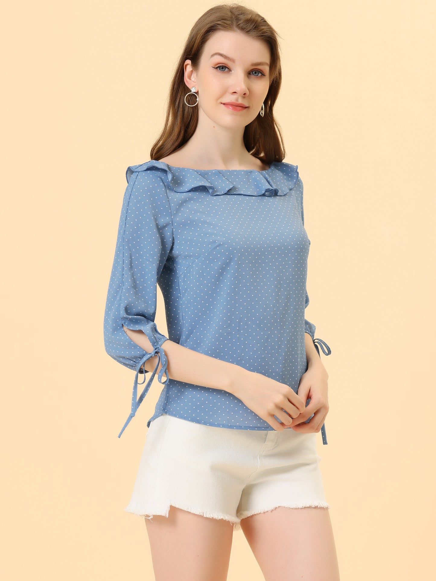 Women's Ruffled Collar Polka Dots 3/4 Sleeve Blouse