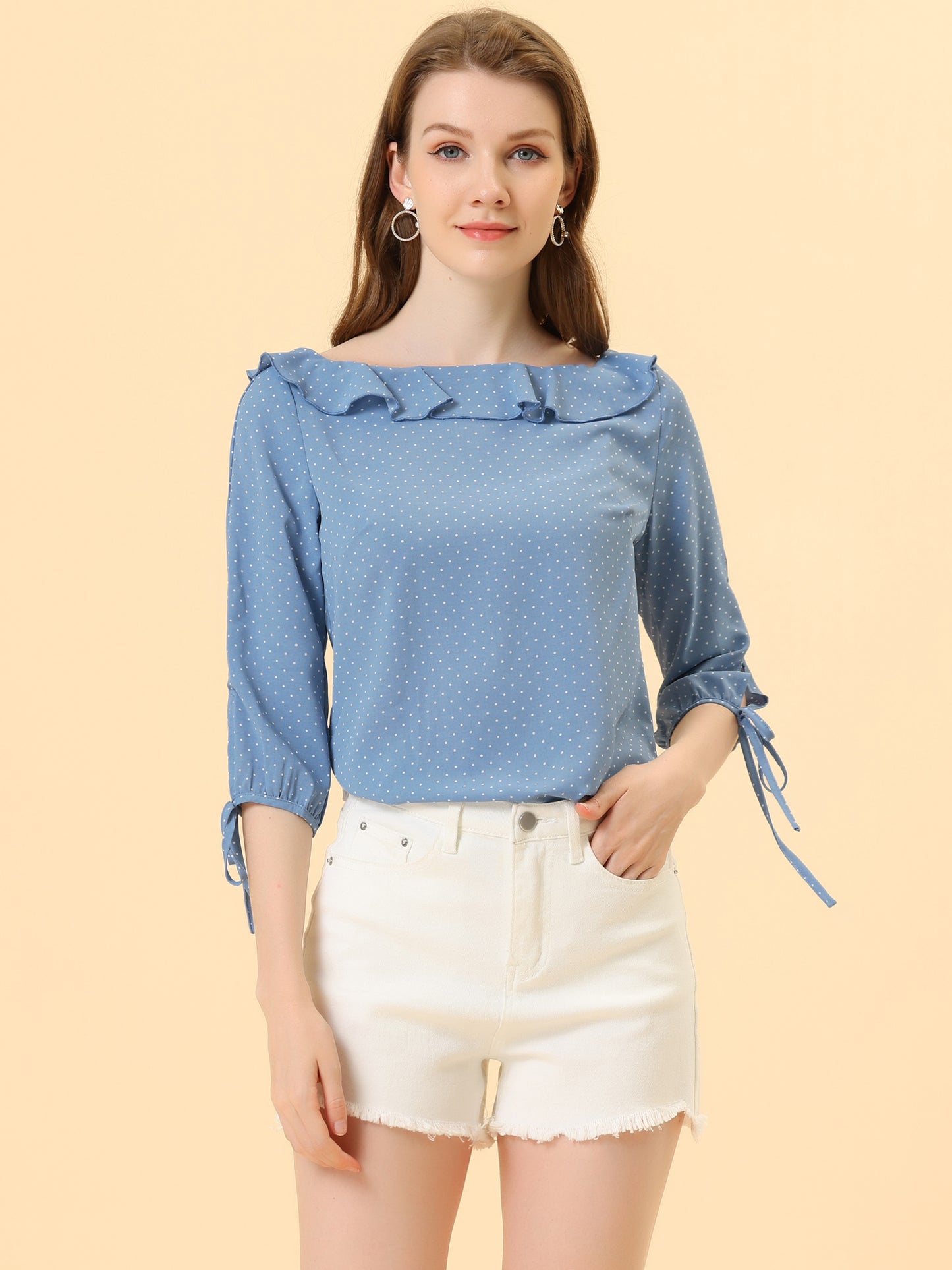 Women's Ruffled Collar Polka Dots 3/4 Sleeve Blouse