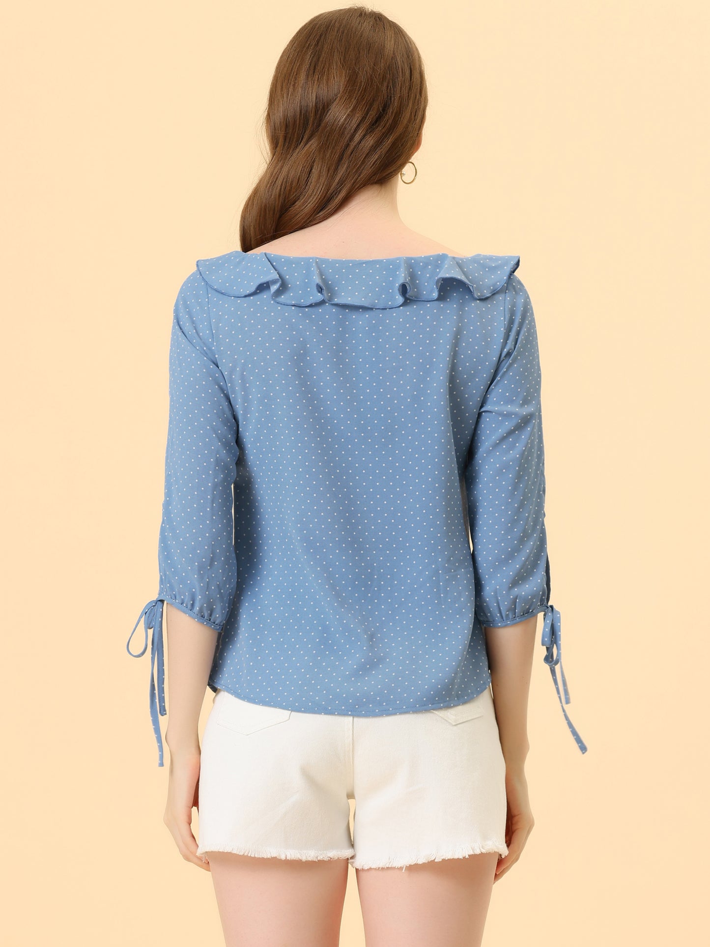 Women's Ruffled Collar Polka Dots 3/4 Sleeve Blouse