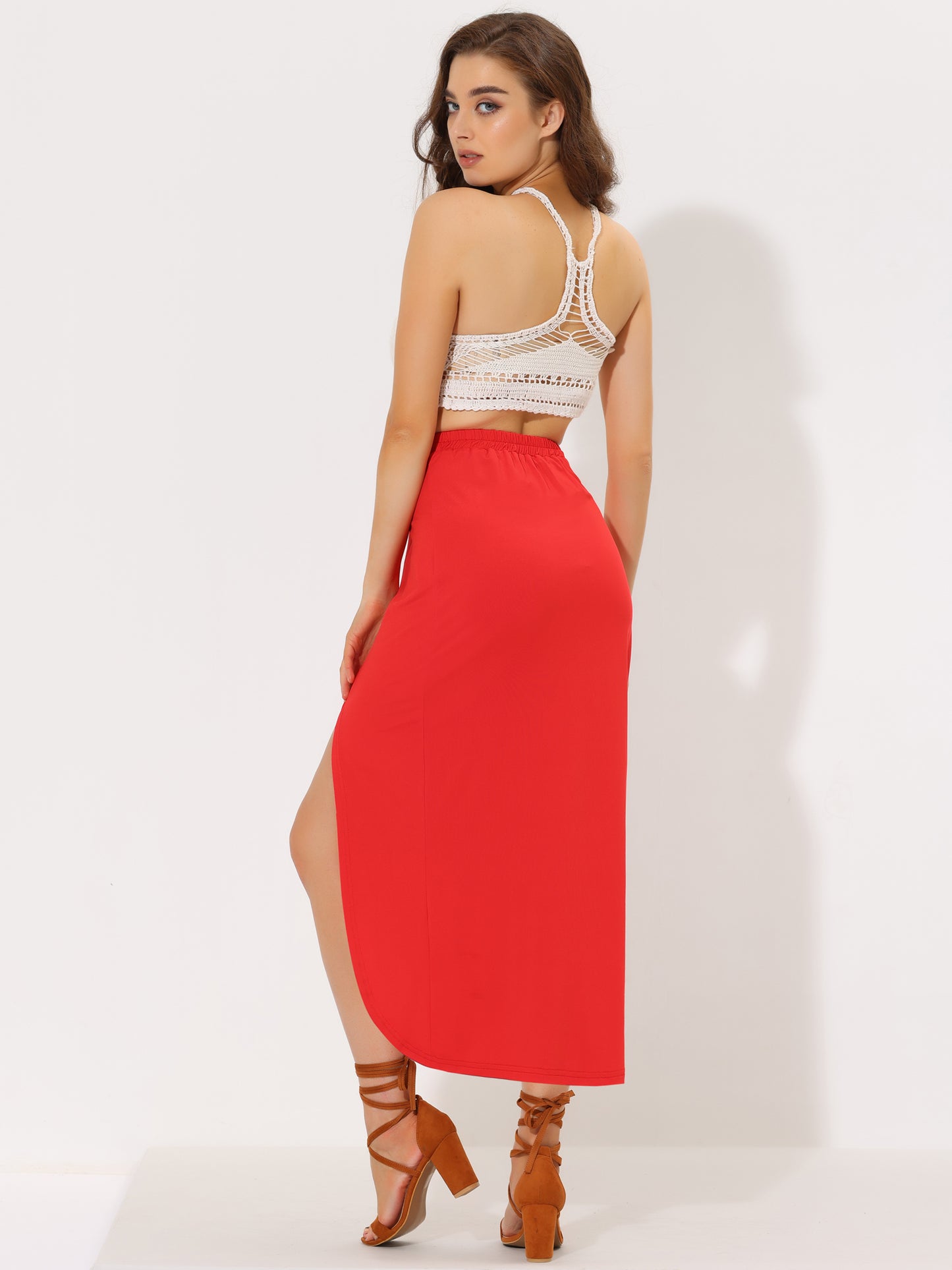 Women's Ruched Split High Waist Summer Long Maxi Skirt