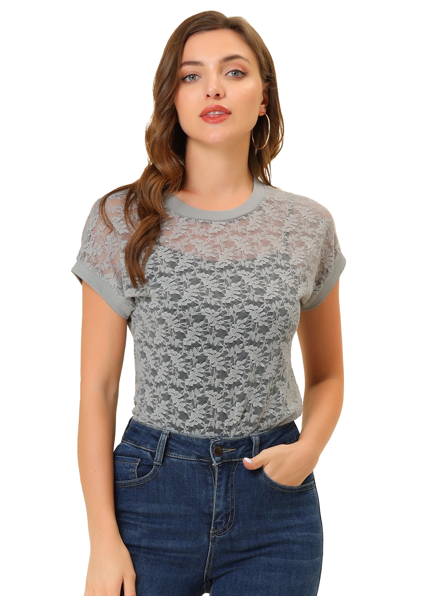Women's Lace Floral Crew Neck Batwing Short Sleeves See-Through Top