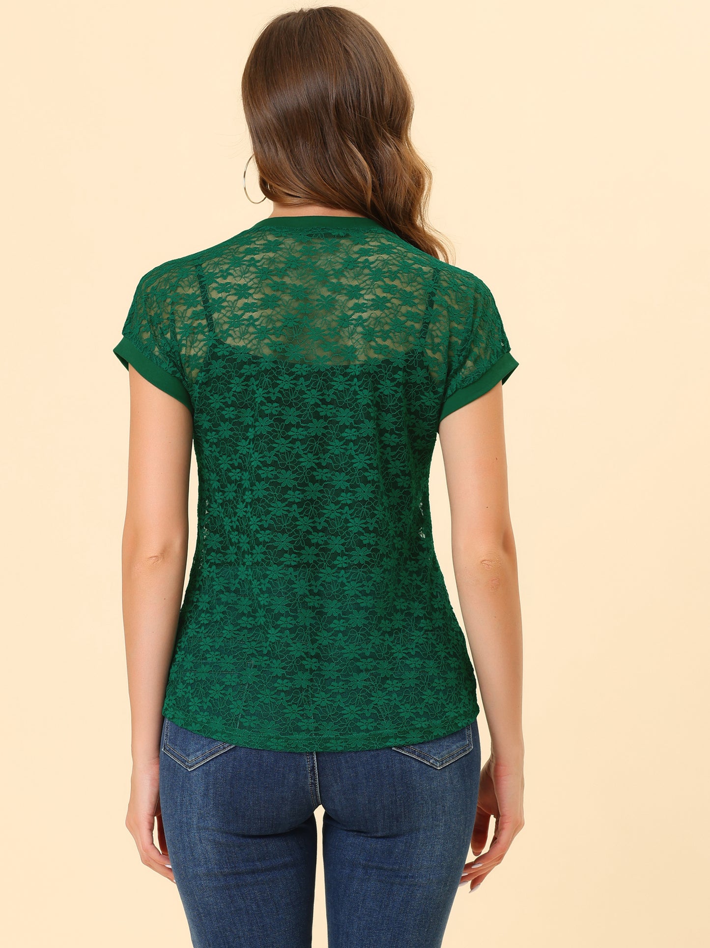 Women's Lace Floral Crew Neck Batwing Short Sleeves See-Through Top