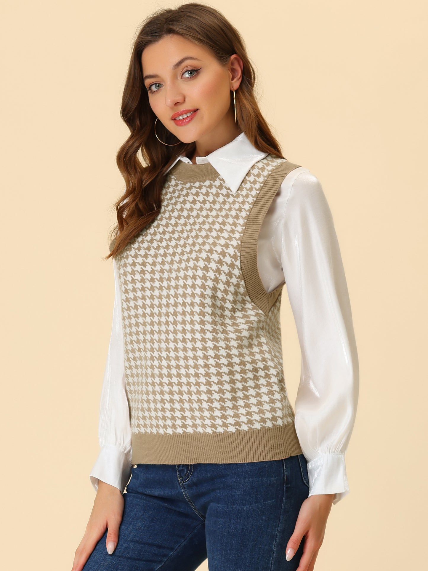 Women's Round Neck Vest Sleeveless Houndstooth Plaid Knitted Sweater