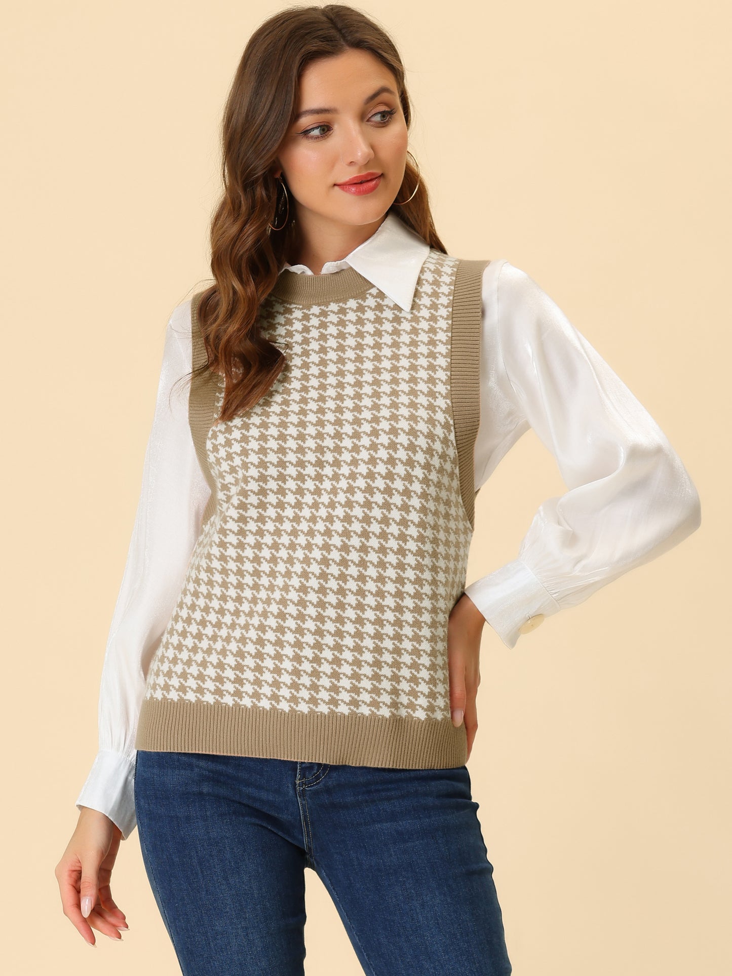 Women's Round Neck Vest Sleeveless Houndstooth Plaid Knitted Sweater