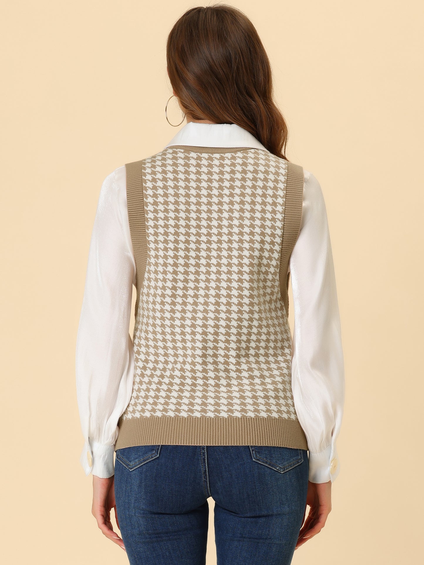 Women's Round Neck Vest Sleeveless Houndstooth Plaid Knitted Sweater