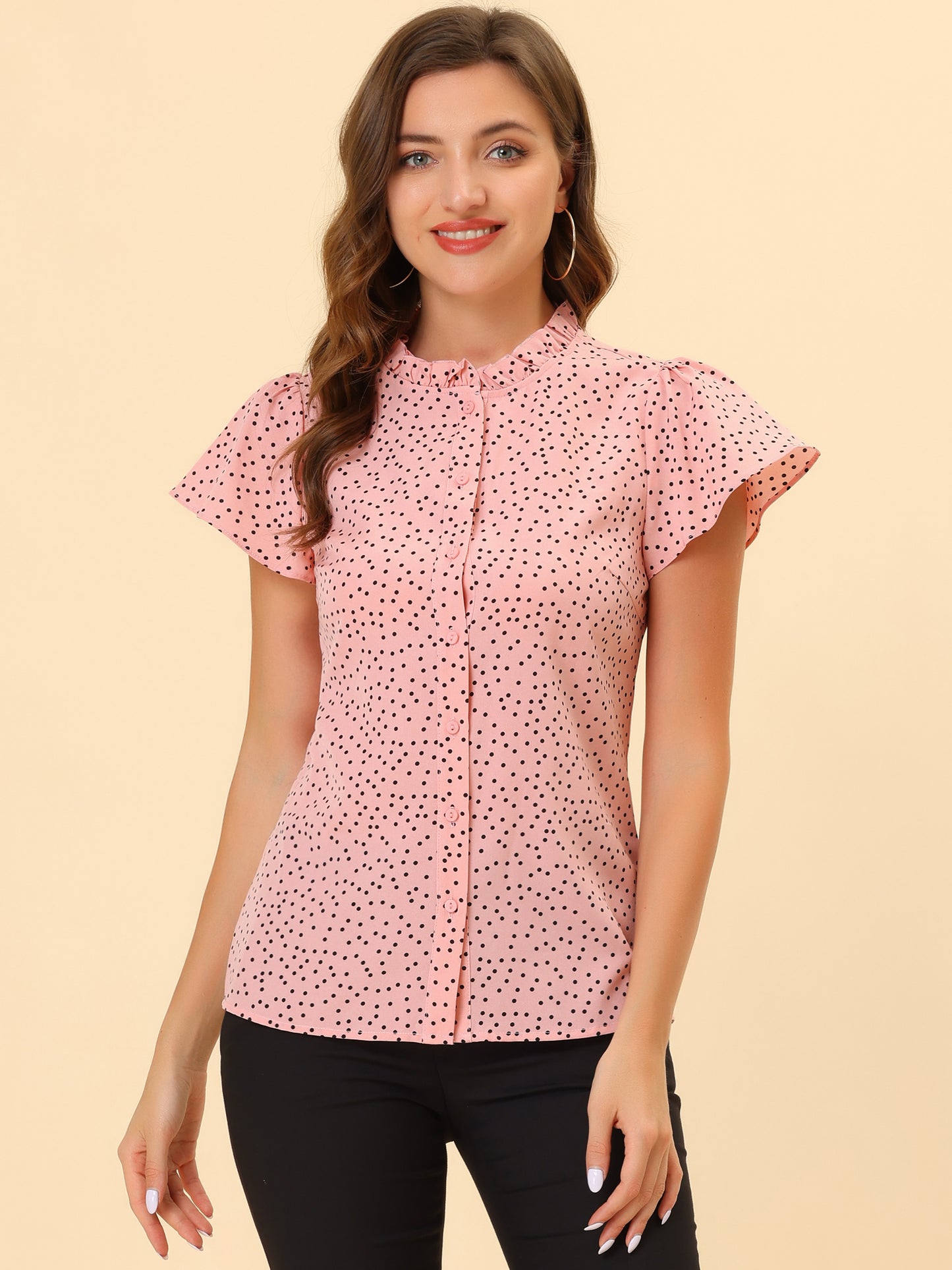 Women's Ruffle Summer Dots Print Retro Short Sleeve Button Down Blouse Top