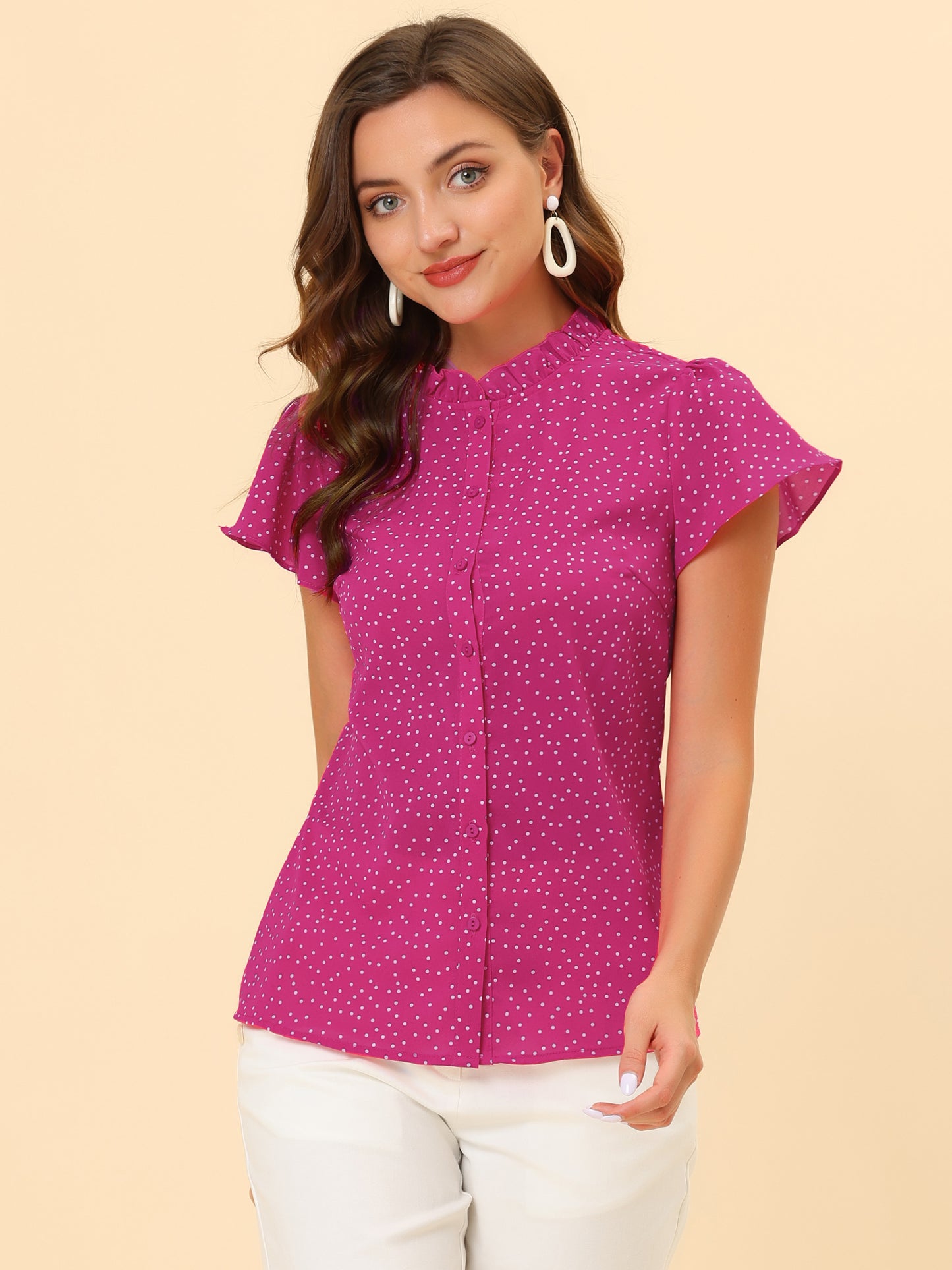 Women's Ruffle Summer Dots Print Retro Short Sleeve Button Down Blouse Top