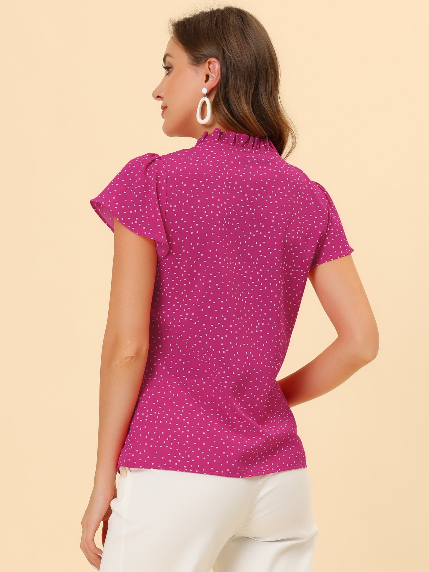 Women's Ruffle Summer Dots Print Retro Short Sleeve Button Down Blouse Top