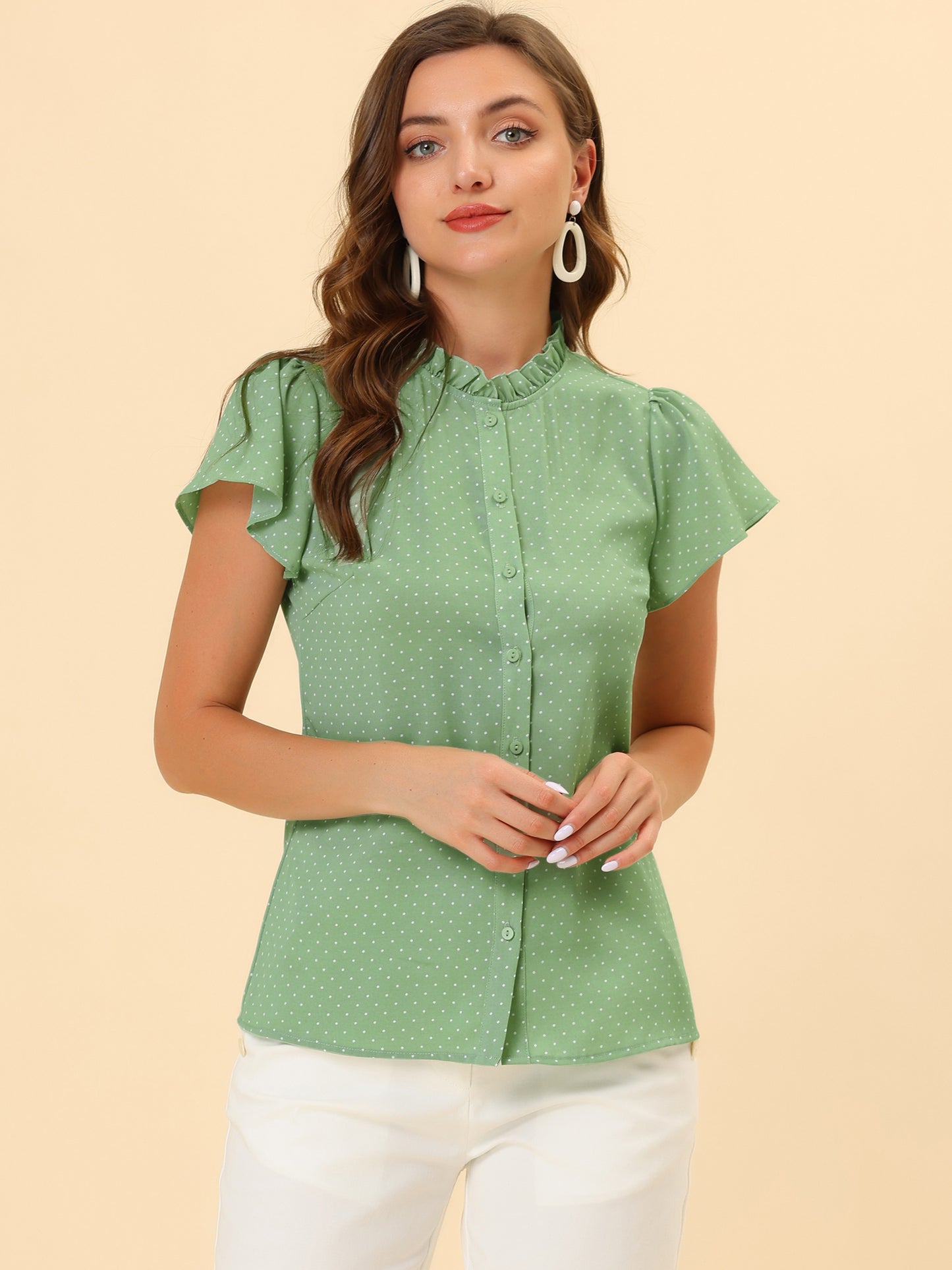 Women's Ruffle Summer Dots Print Retro Short Sleeve Button Down Blouse Top