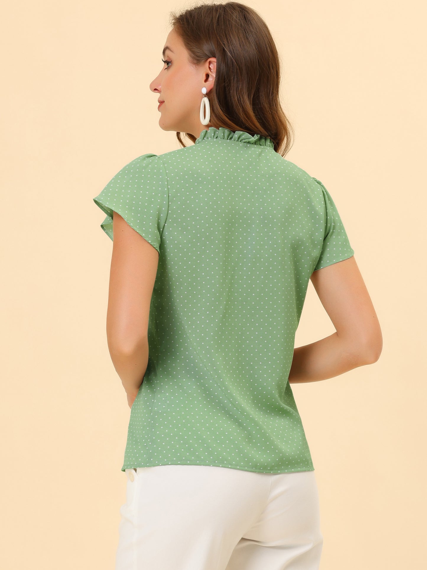 Women's Ruffle Summer Dots Print Retro Short Sleeve Button Down Blouse Top