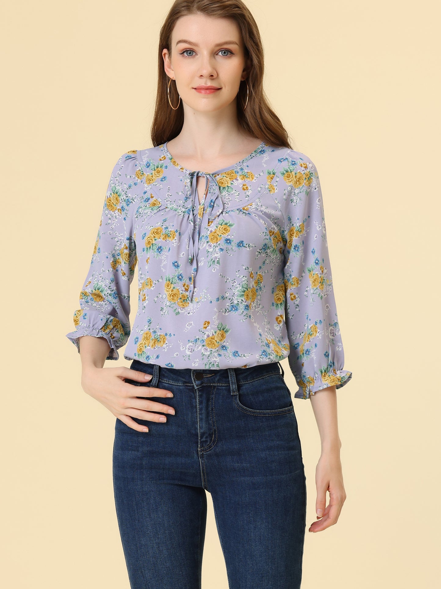 Women's Tie Neck 3/4 Sleeve Floral Blouse Bow Top