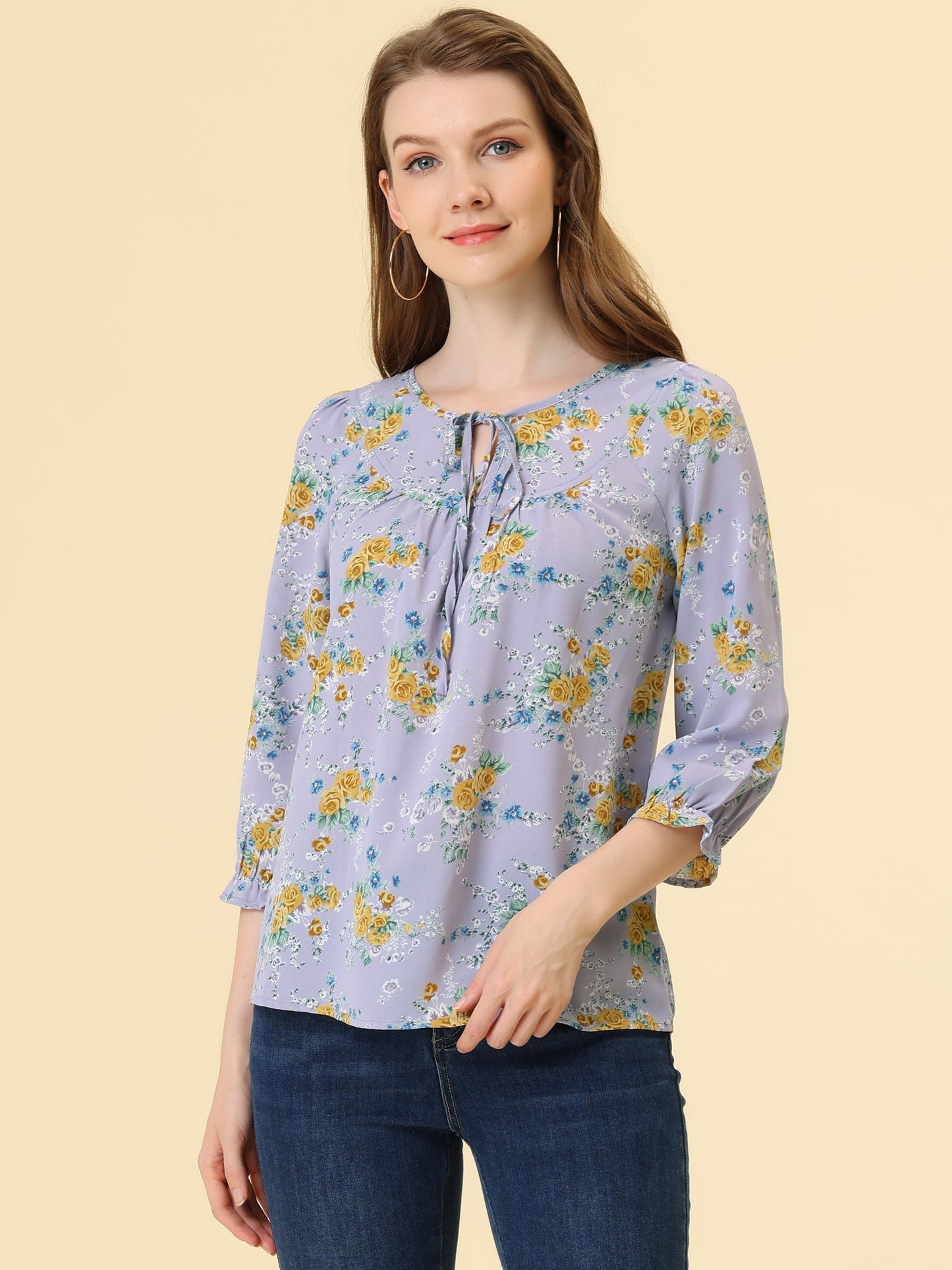 Women's Tie Neck 3/4 Sleeve Floral Blouse Bow Top
