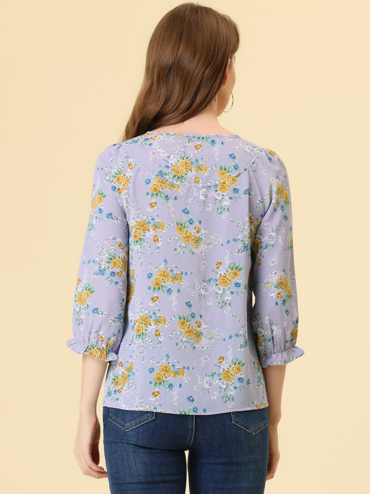 Women's Tie Neck 3/4 Sleeve Floral Blouse Bow Top