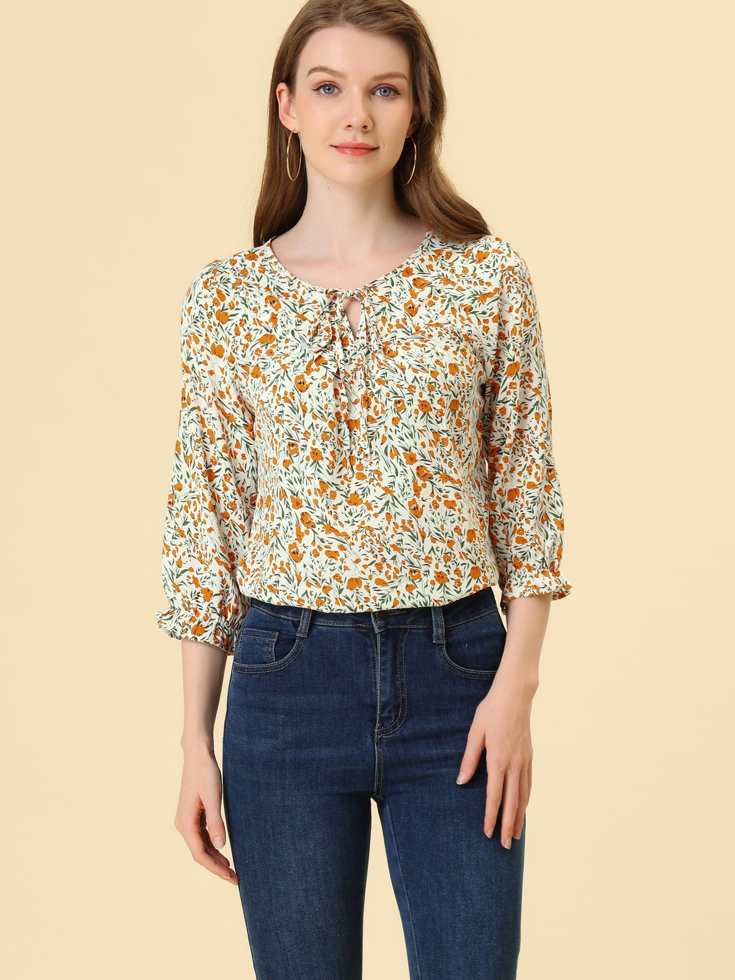 Women's Tie Neck 3/4 Sleeve Floral Blouse Bow Top