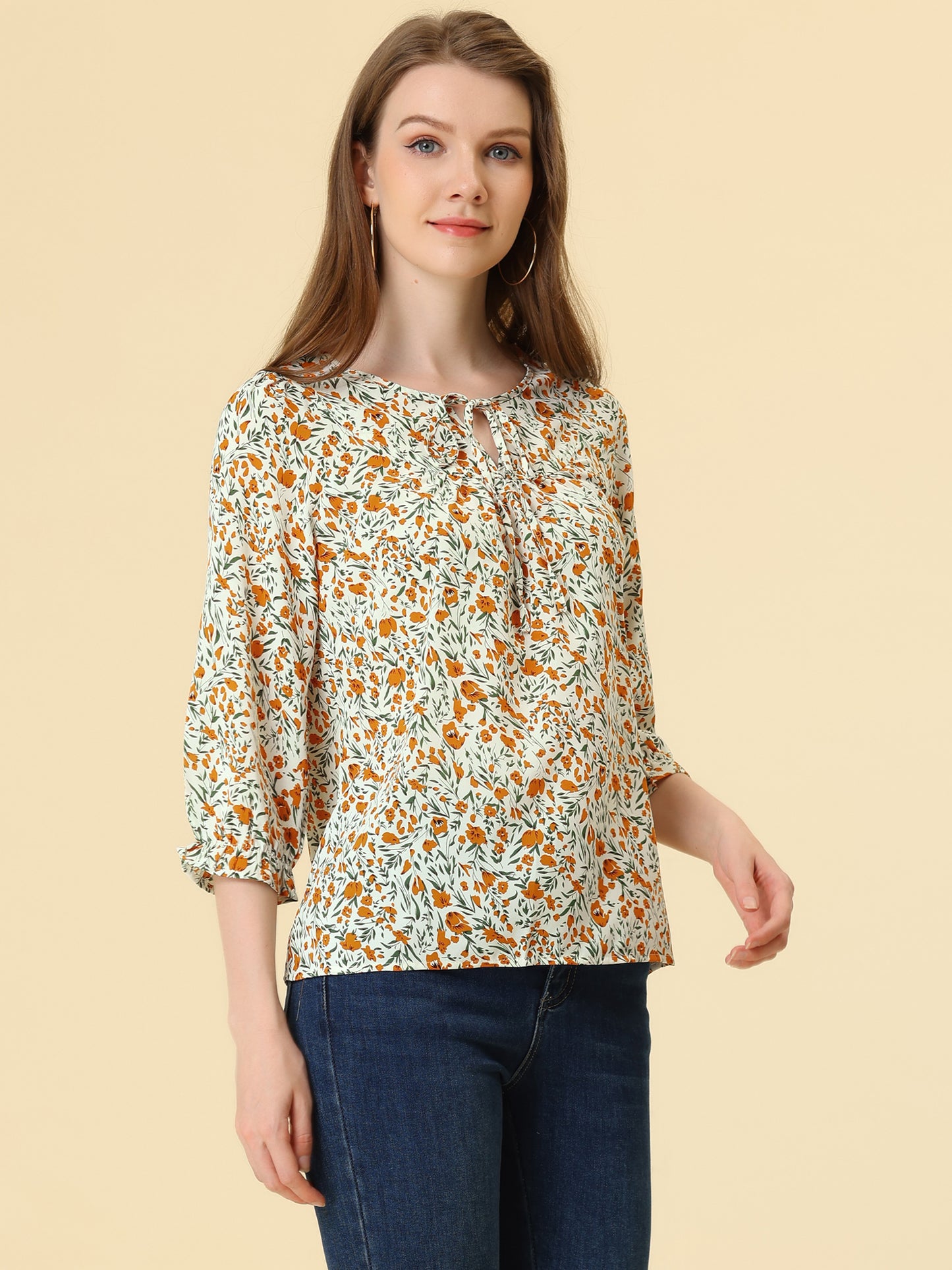 Women's Tie Neck 3/4 Sleeve Floral Blouse Bow Top