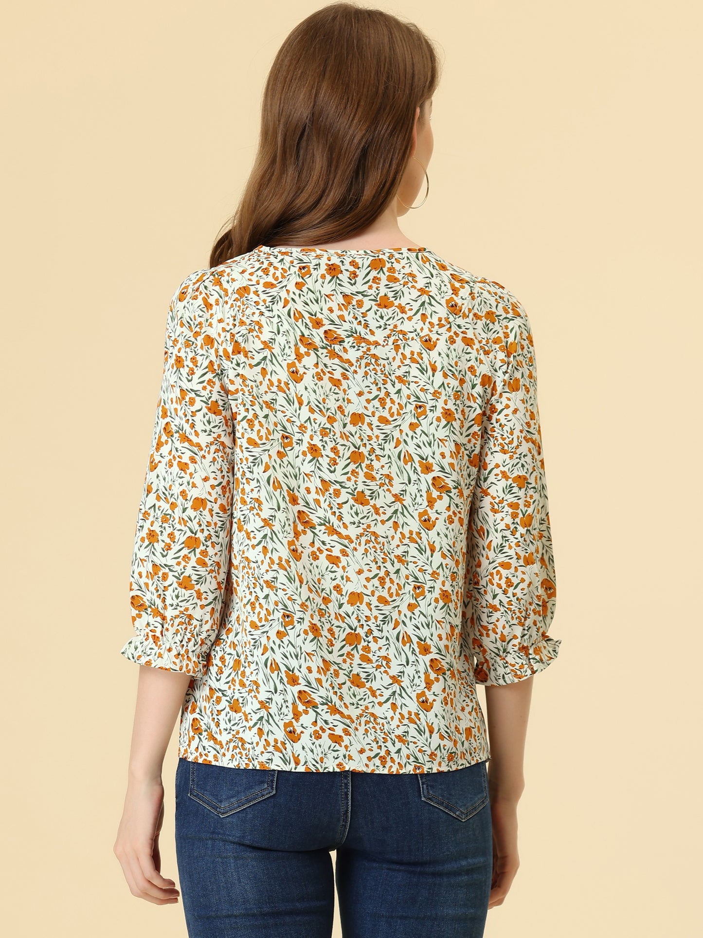 Women's Tie Neck 3/4 Sleeve Floral Blouse Bow Top