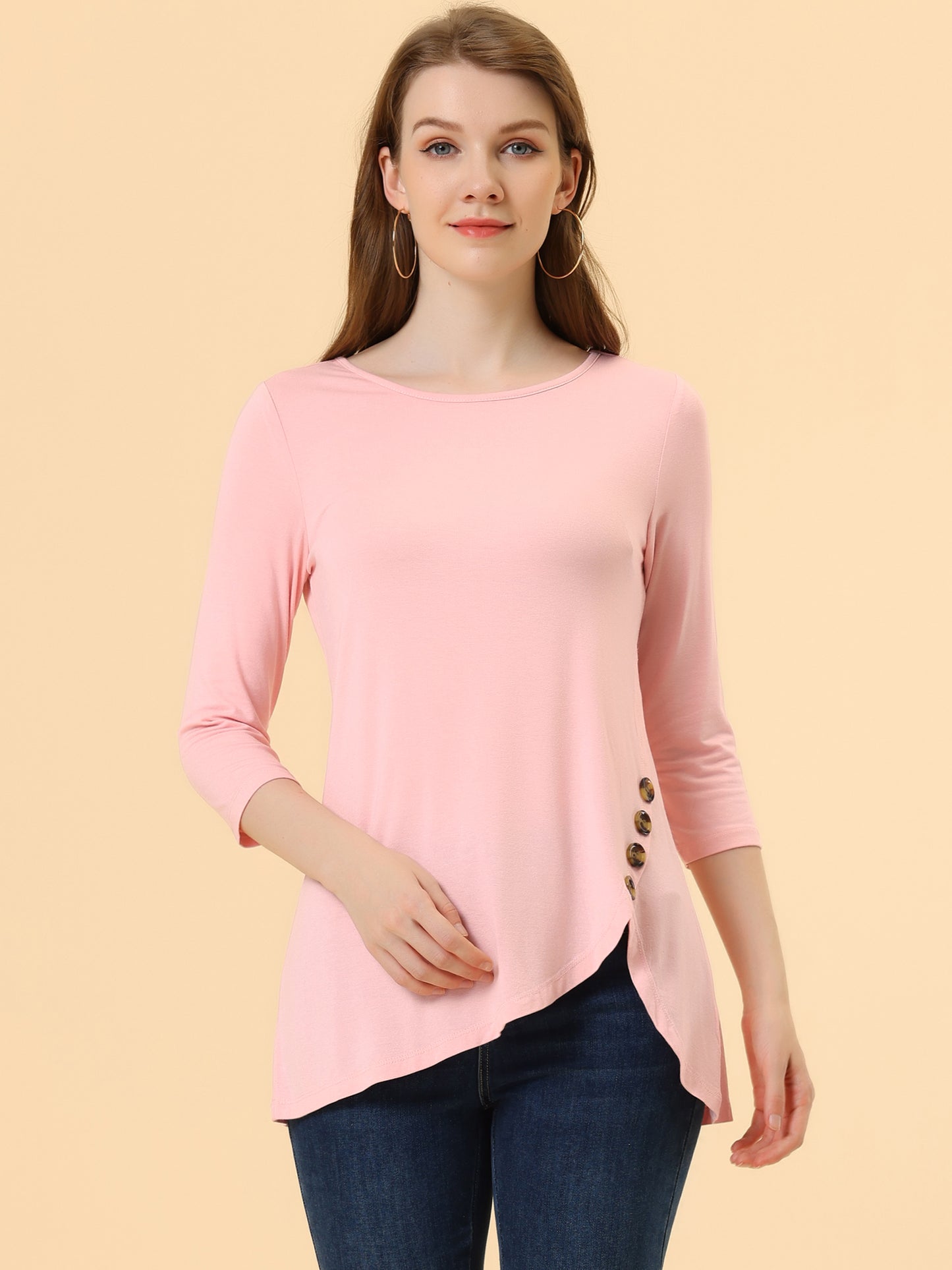Women's Tunic T-shirt Loose Asymmetry Hem 3/4 Sleeve Round Neck Casual Basic Top