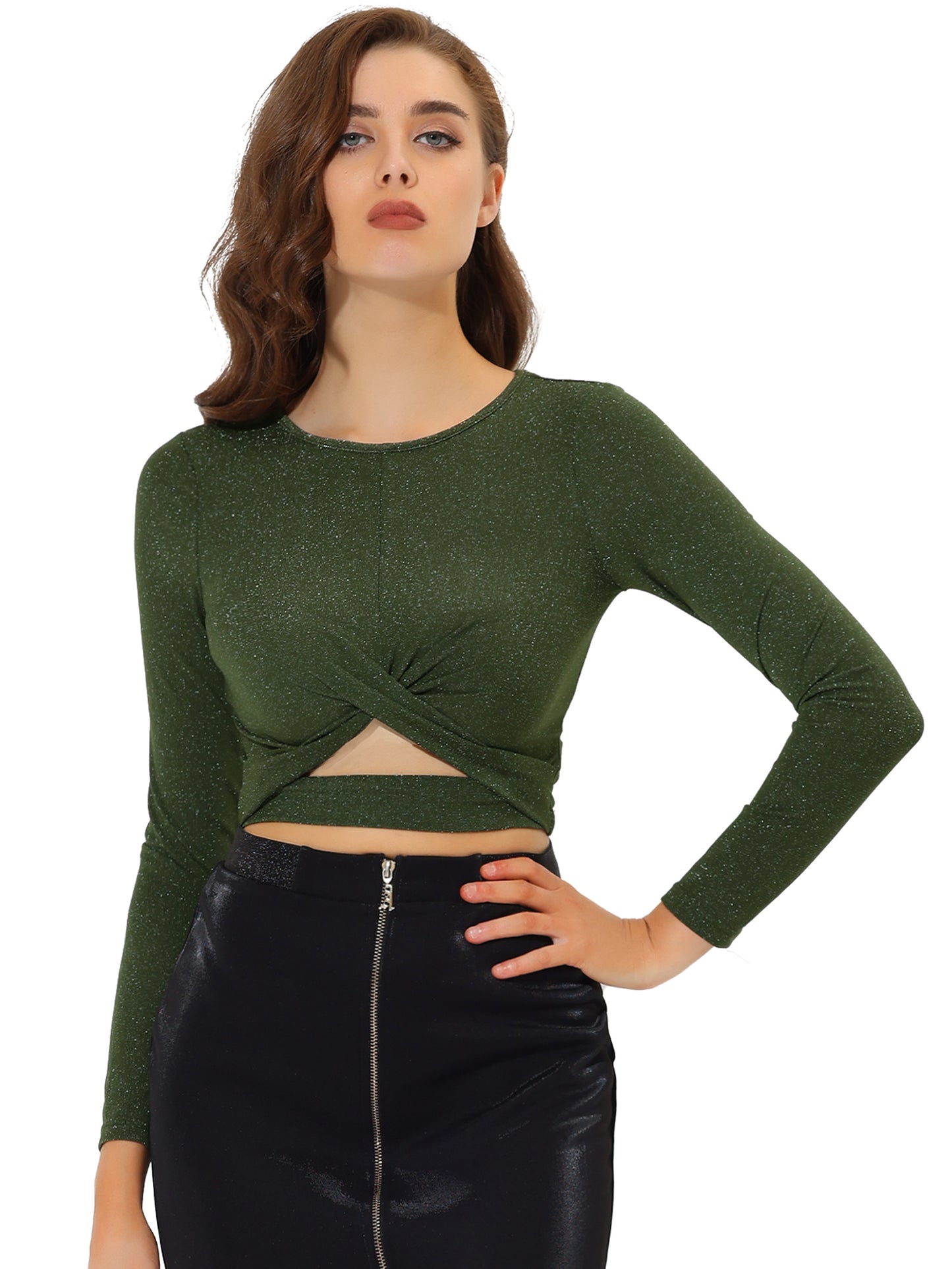 Women's Glitter Top Twist Fitted Long Sleeve Cutout Party Cropped Sparkly Top (Available in Plus Size)