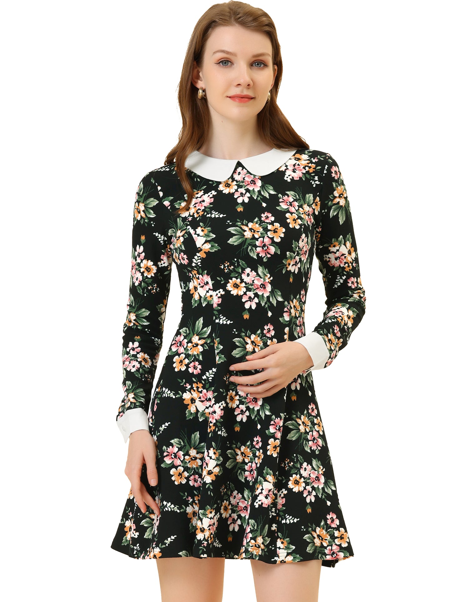 Women's Peter Pan Collar Contrast Printed A-Line Short Dress