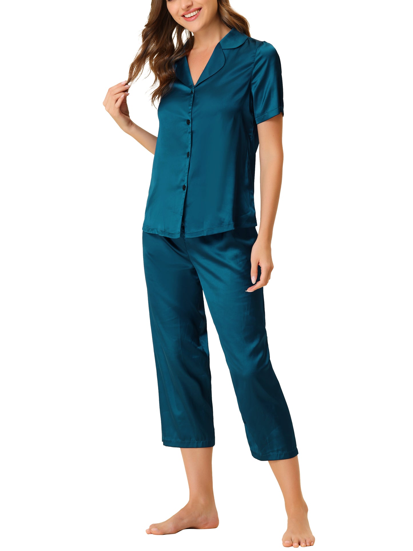 Women's Satin Pajamas Sleepwear Button Down Lounge Silk Pjs Set with Capri Pants