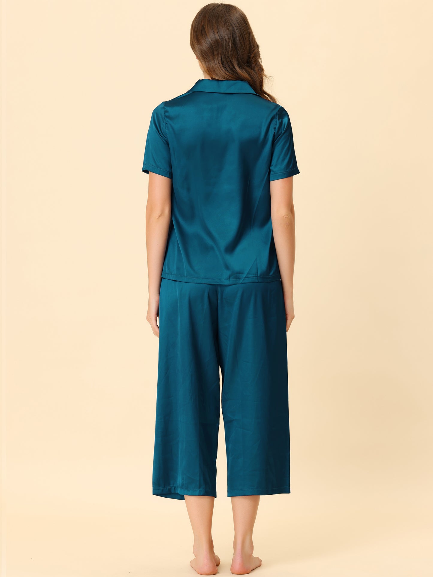 Women's Satin Pajamas Sleepwear Button Down Lounge Silk Pjs Set with Capri Pants