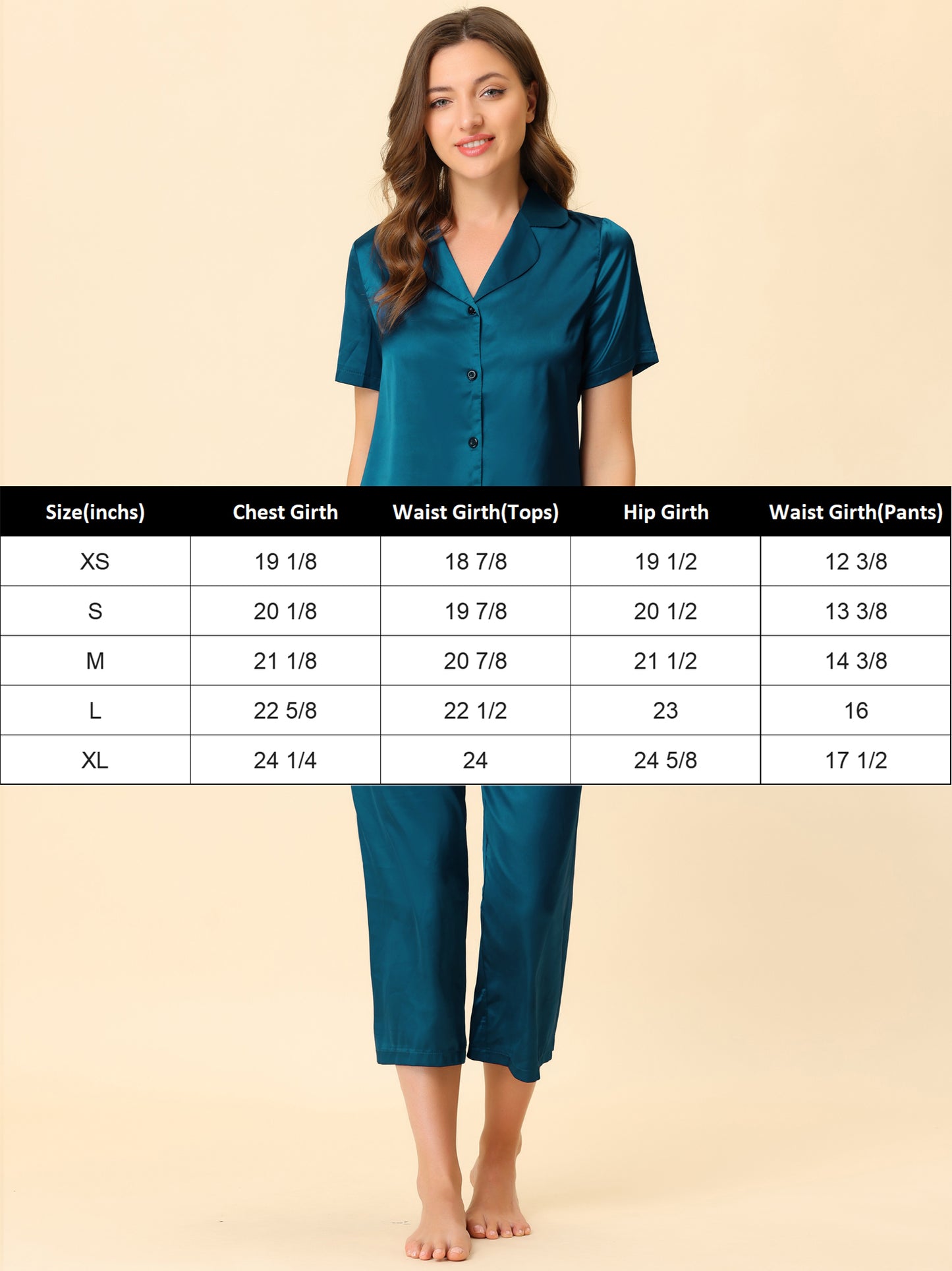 Women's Satin Pajamas Sleepwear Button Down Lounge Silk Pjs Set with Capri Pants