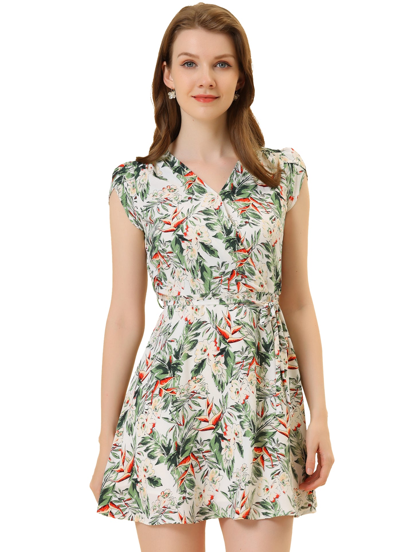 Women's Boho Crossover V Neck Petal Sleeves Belted Floral Flowy Dress