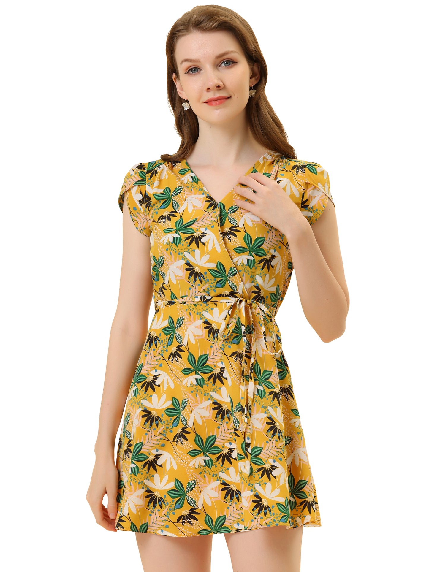 Women's Boho Crossover V Neck Petal Sleeves Belted Floral Flowy Dress