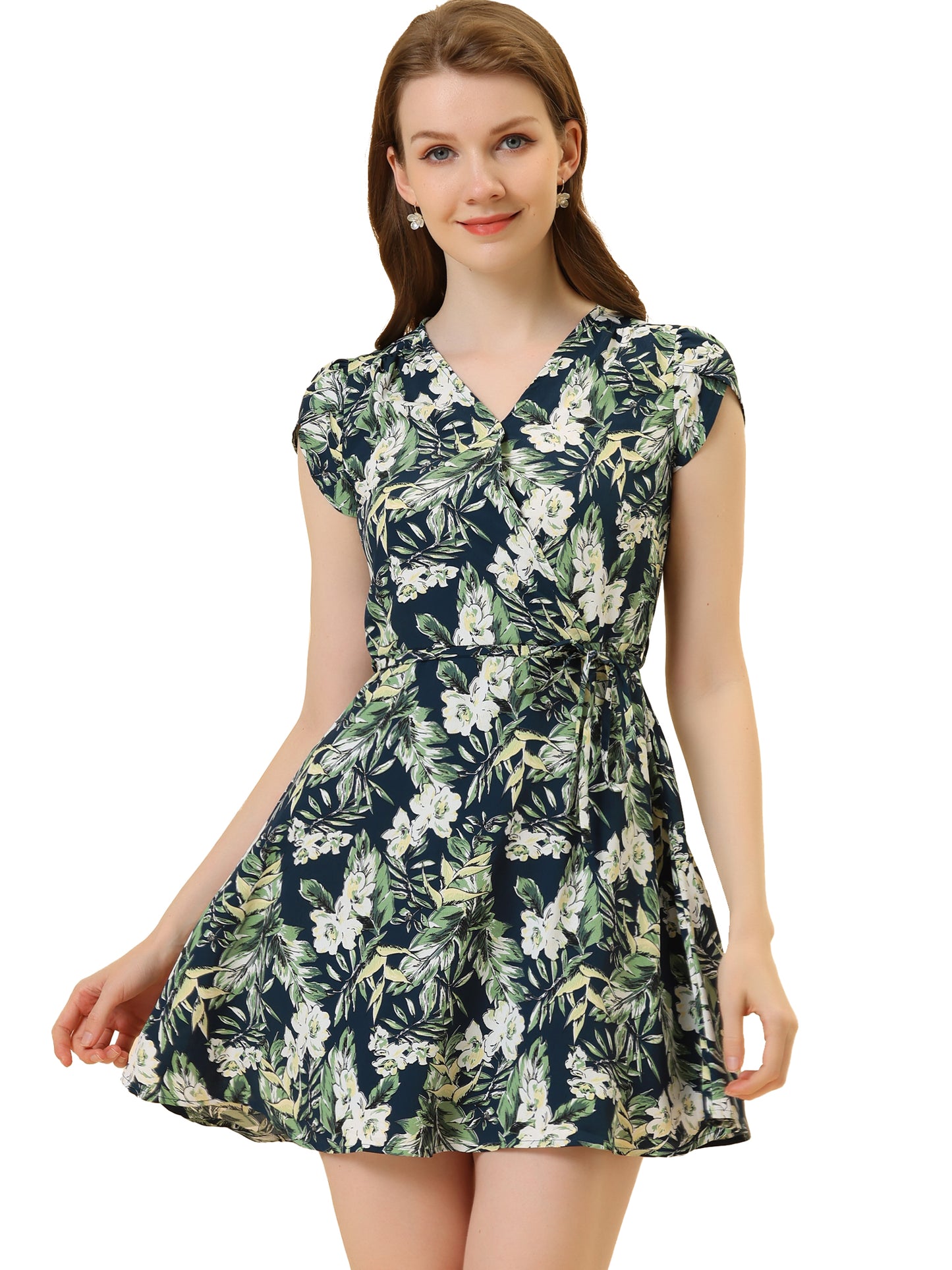 Women's Boho Crossover V Neck Petal Sleeves Belted Floral Flowy Dress