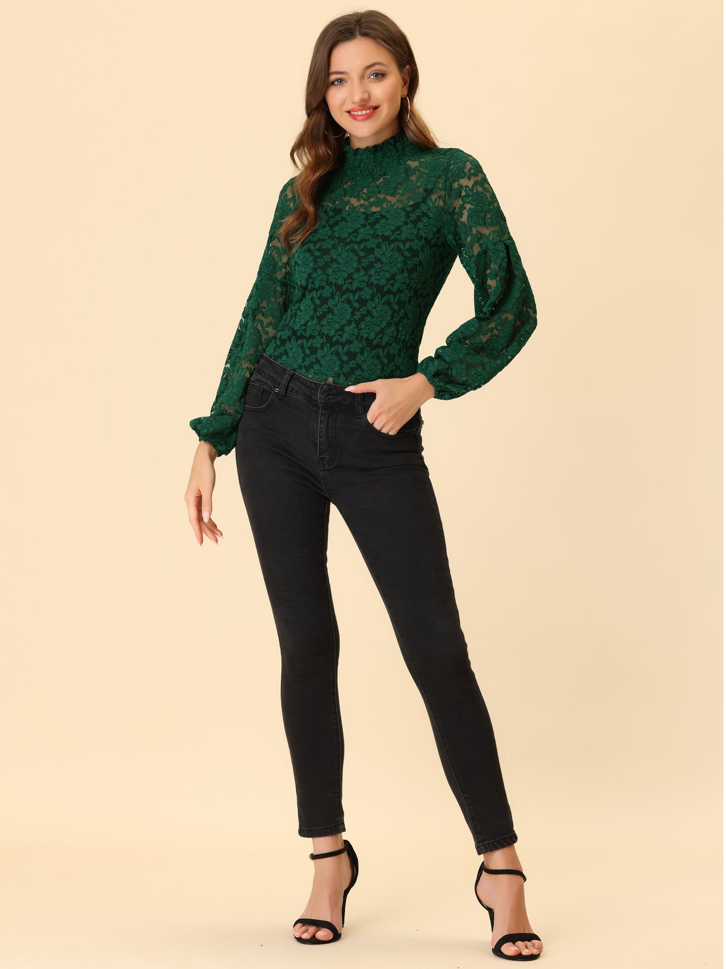 Women's Floral Lace Turtleneck Puff Long Sleeve See Through Sheer Blouse