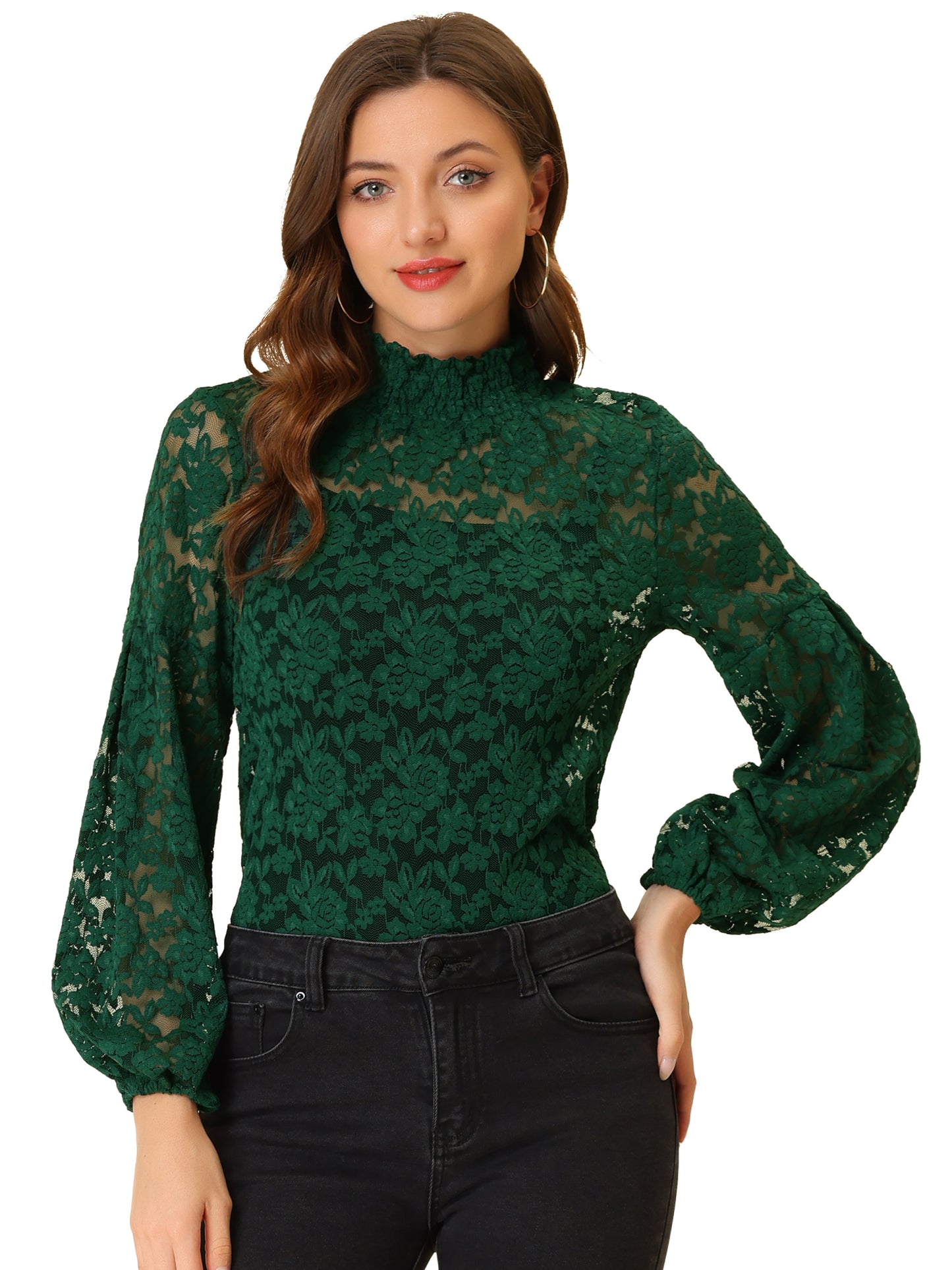 Women's Floral Lace Turtleneck Puff Long Sleeve See Through Sheer Blouse
