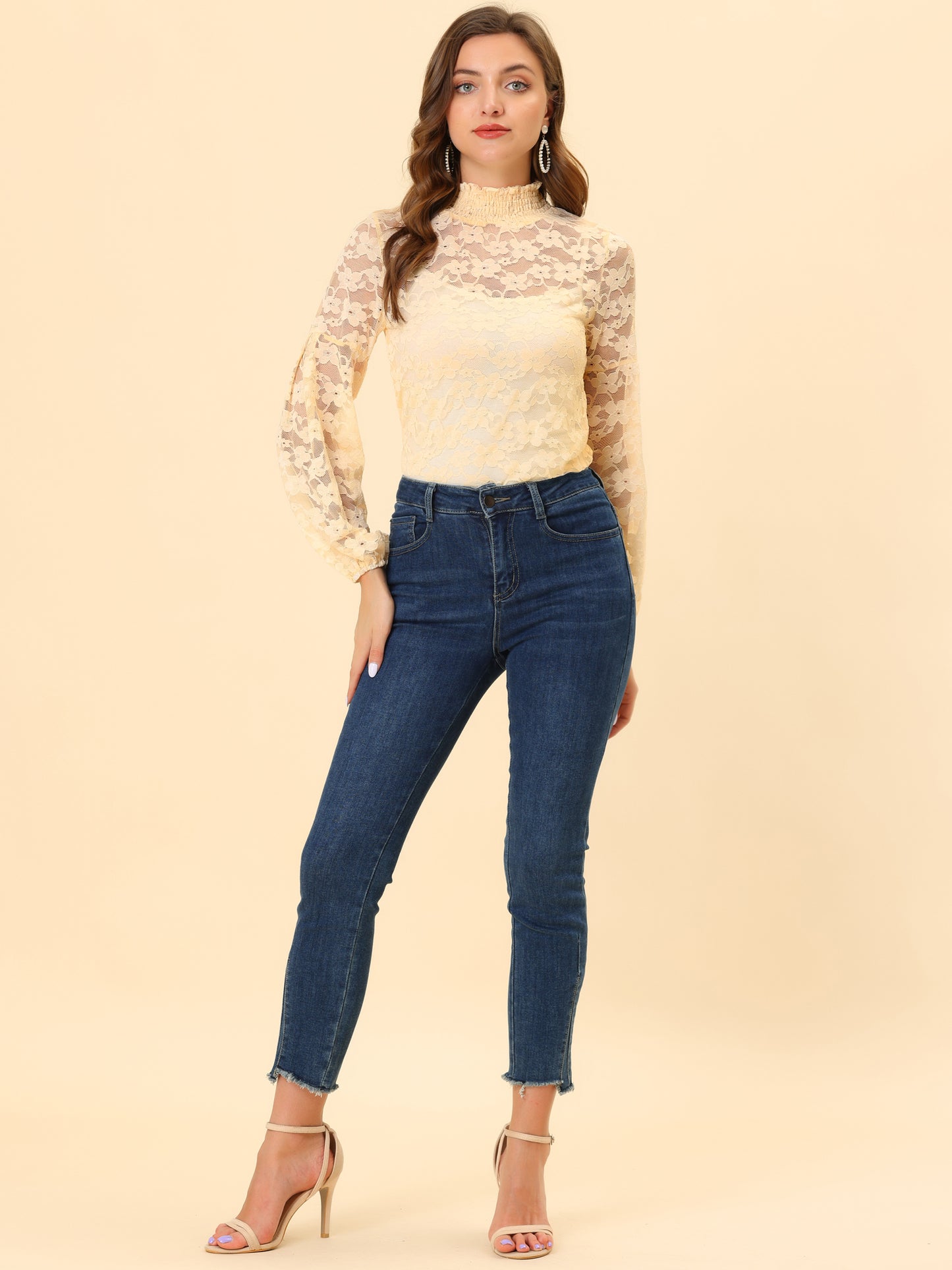 Women's Floral Lace Turtleneck Puff Long Sleeve See Through Sheer Blouse