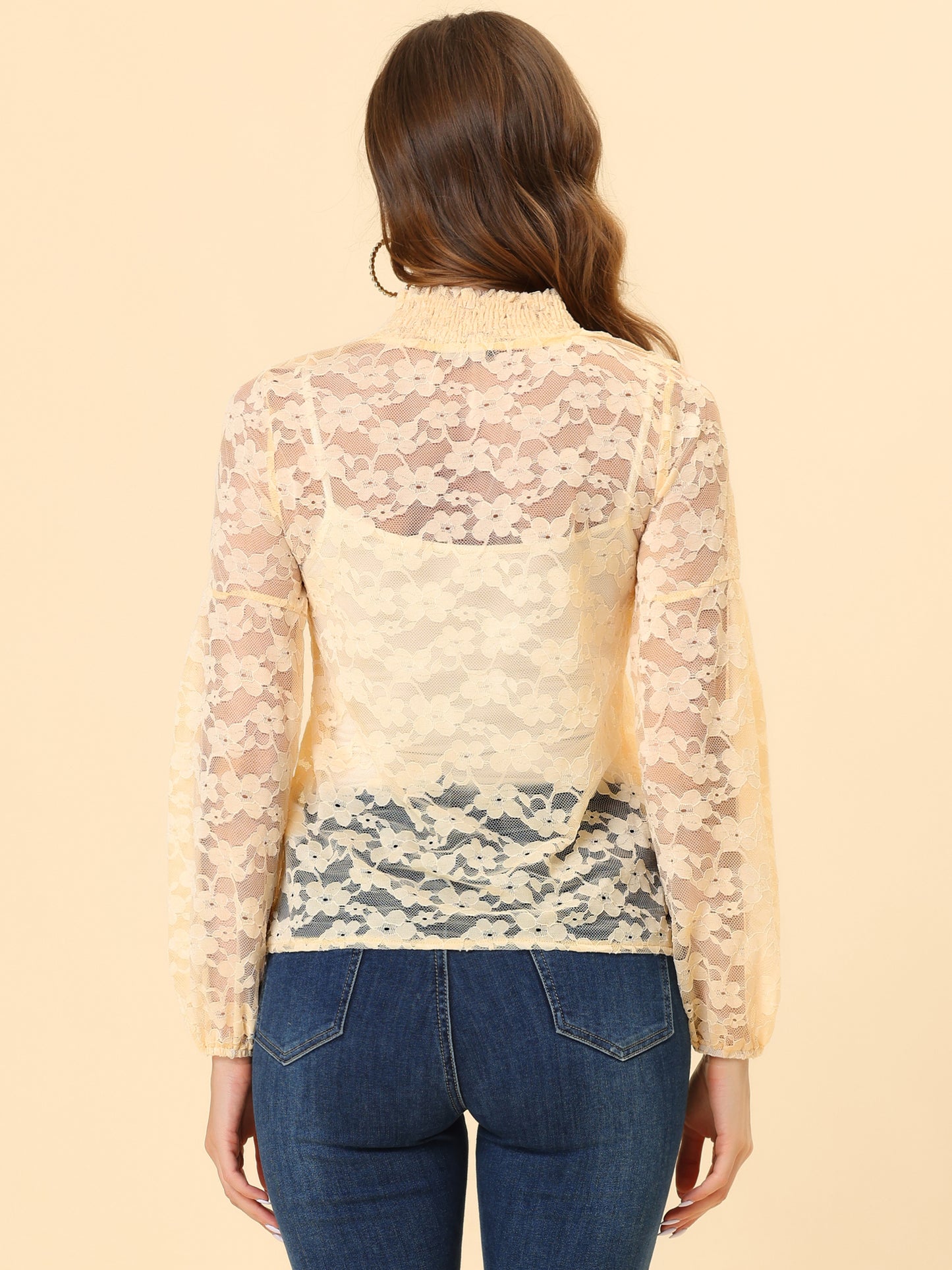 Women's Floral Lace Turtleneck Puff Long Sleeve See Through Sheer Blouse
