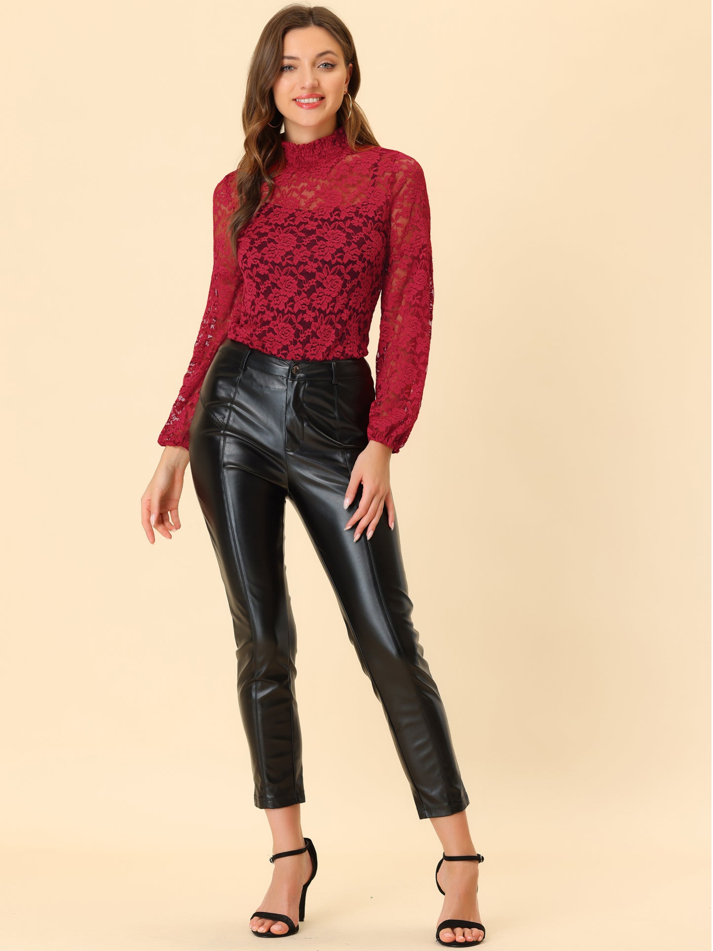 Women's Floral Lace Turtleneck Puff Long Sleeve See Through Sheer Blouse