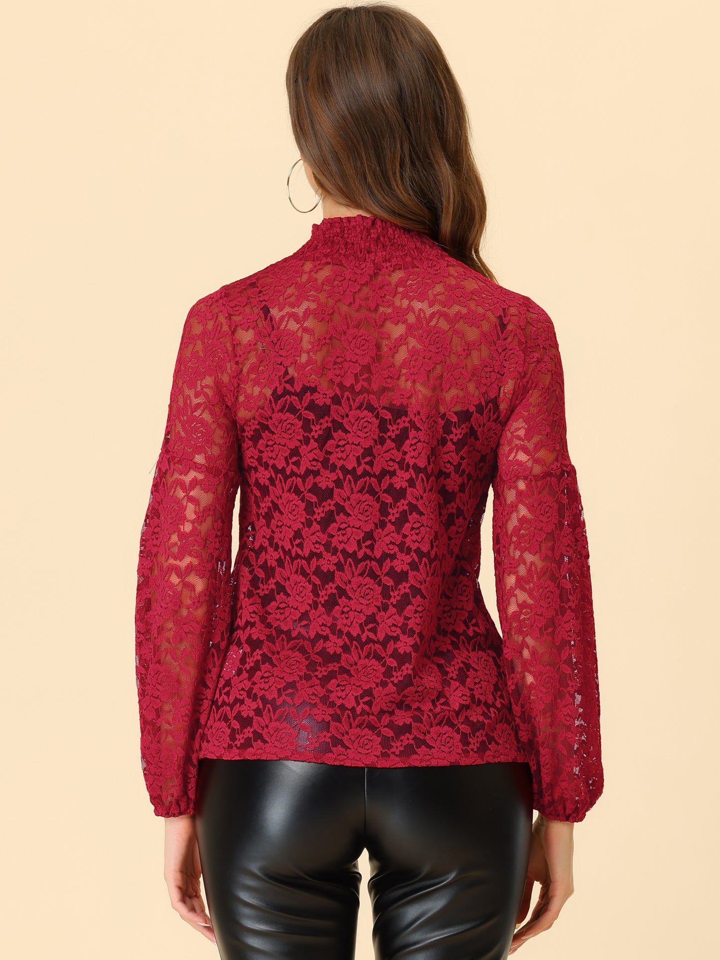 Women's Floral Lace Turtleneck Puff Long Sleeve See Through Sheer Blouse