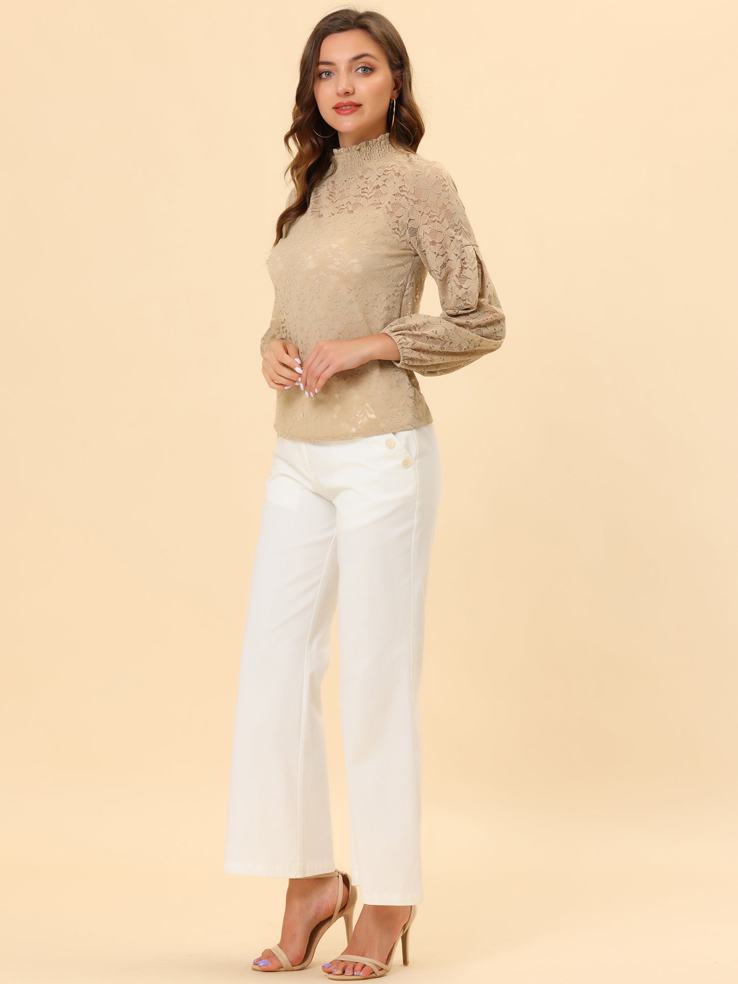 Women's Floral Lace Turtleneck Puff Long Sleeve See Through Sheer Blouse