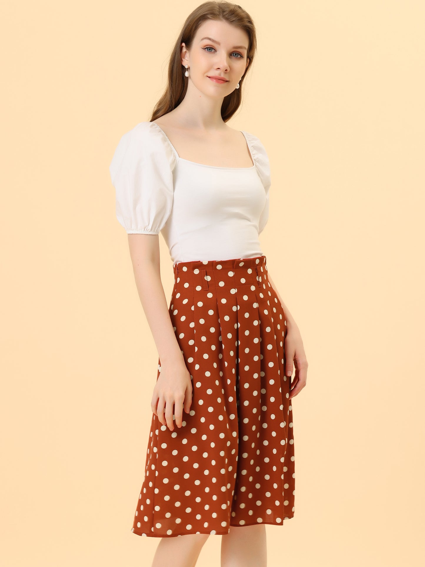 Women's Retro Belted Elastic High Waist A-Line Printed Midi Skirt