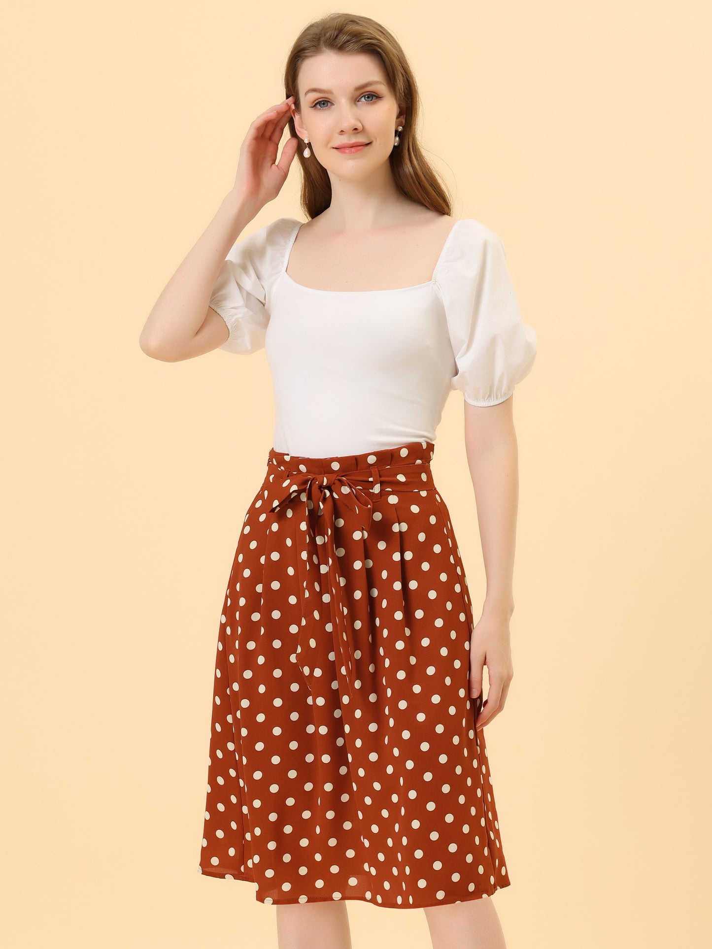 Women's Retro Belted Elastic High Waist A-Line Printed Midi Skirt
