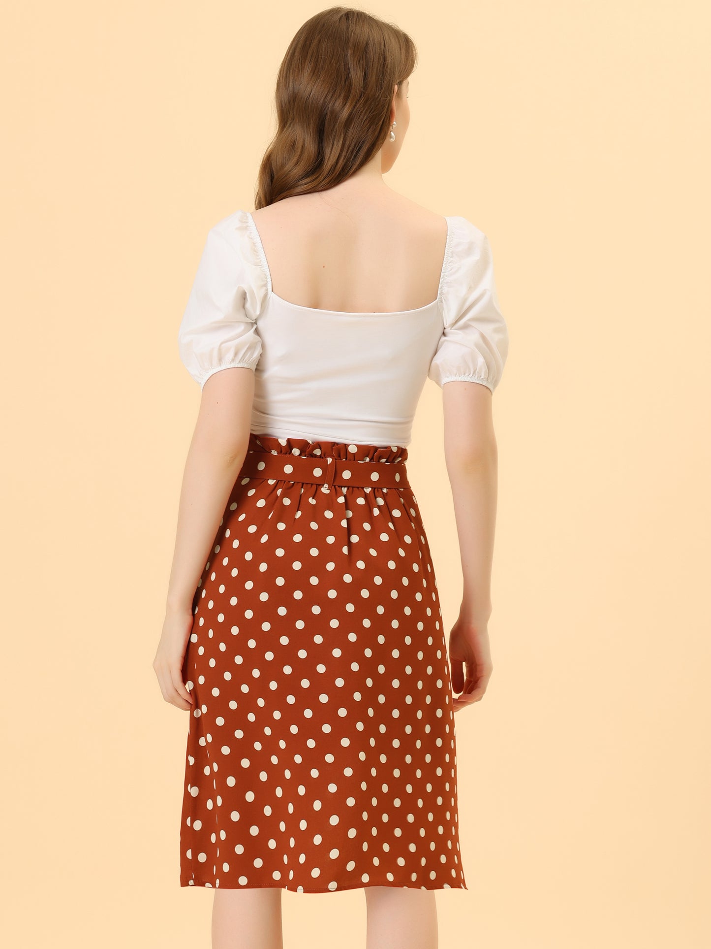 Women's Retro Belted Elastic High Waist A-Line Printed Midi Skirt
