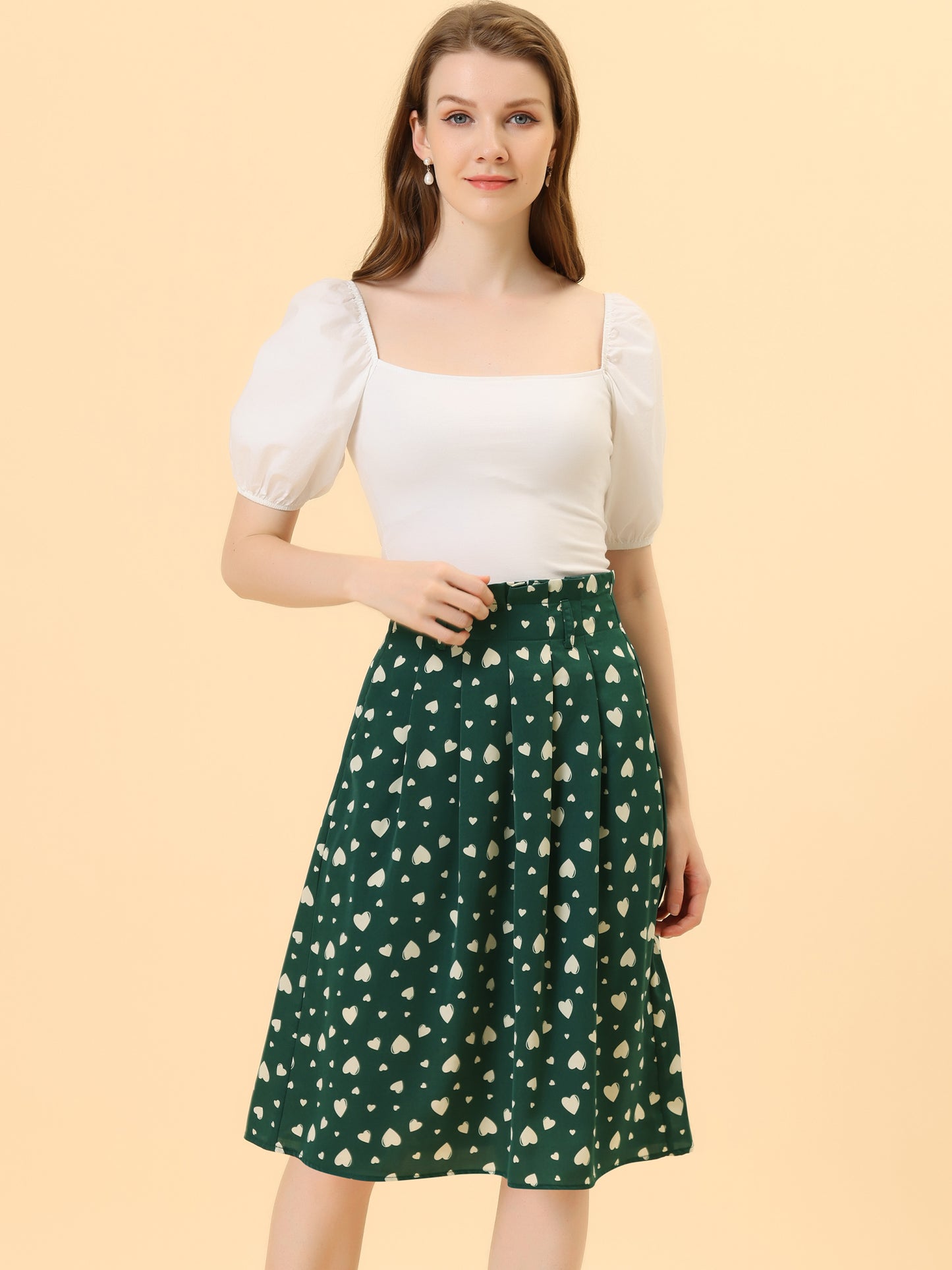 Women's Retro Belted Elastic High Waist A-Line Printed Midi Skirt