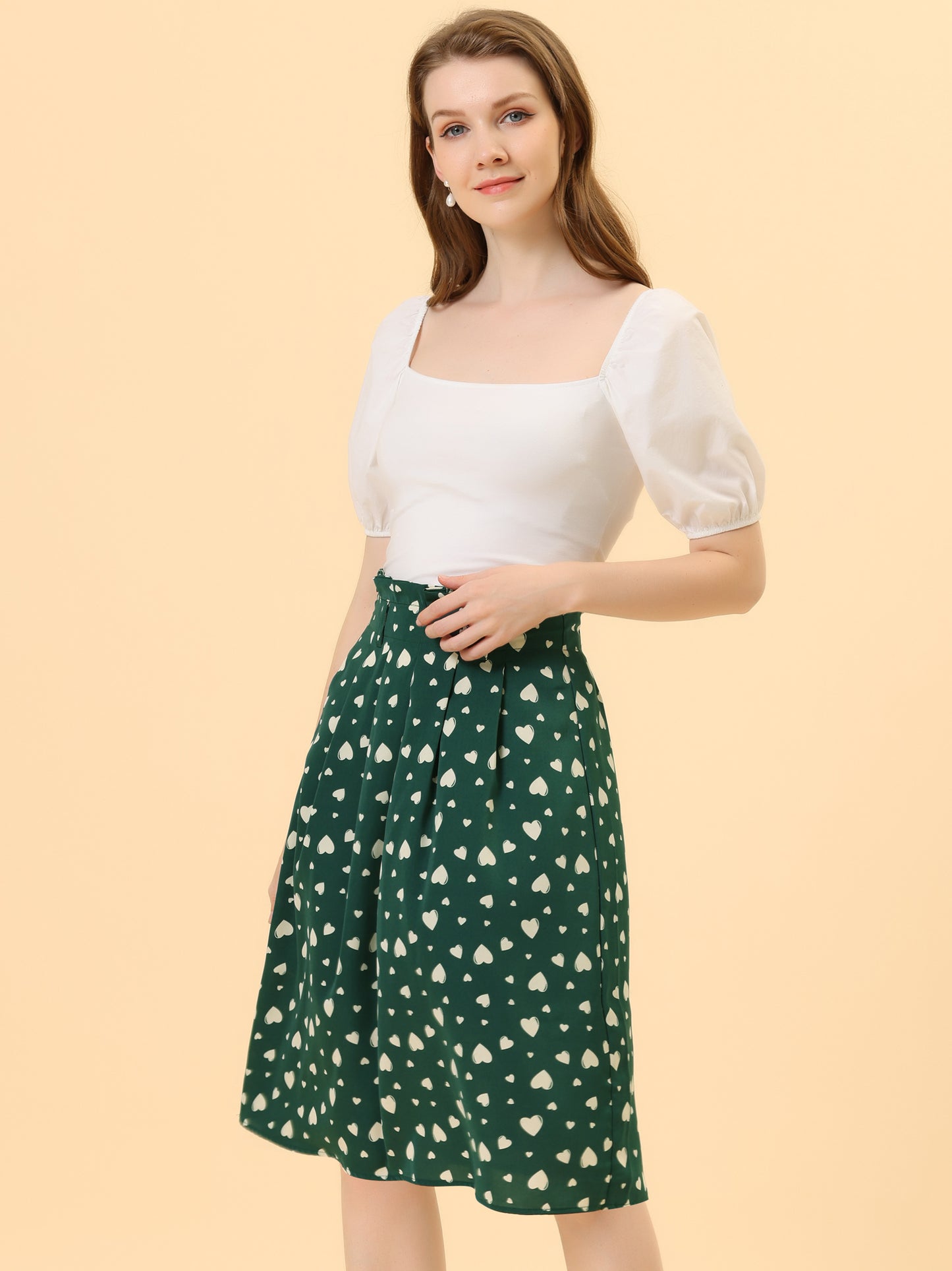 Women's Retro Belted Elastic High Waist A-Line Printed Midi Skirt