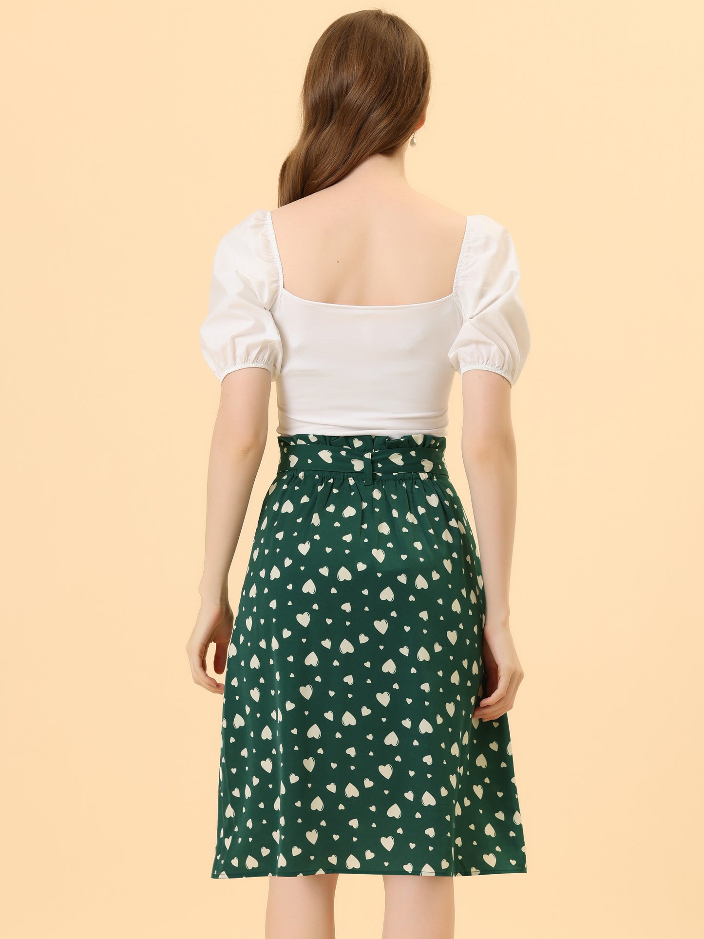 Women's Retro Belted Elastic High Waist A-Line Printed Midi Skirt
