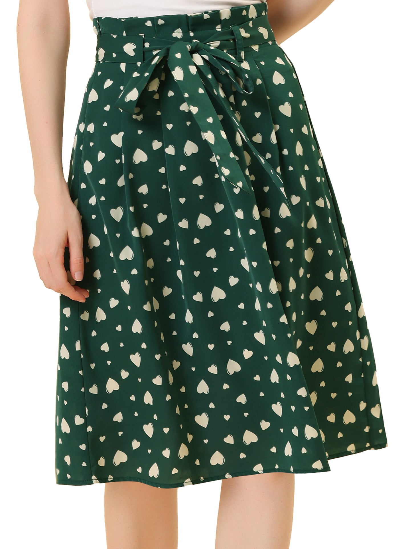 Women's Retro Belted Elastic High Waist A-Line Printed Midi Skirt