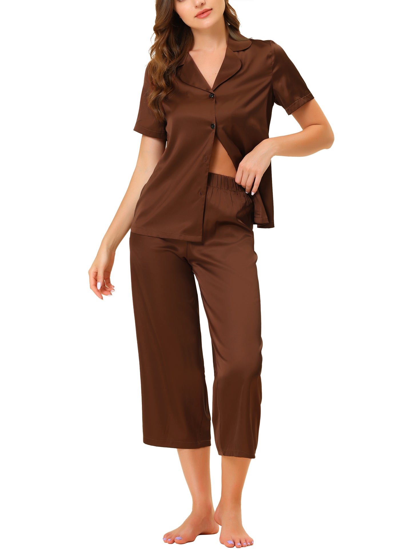 Women's Satin Pajamas Sleepwear Button Down Lounge Silk Pjs Set with Capri Pants
