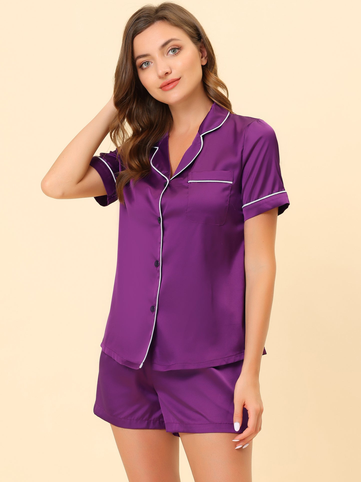 Women's Satin Pajamas Sleepshirt Button Down Top with Shorts Silky Lounge Set